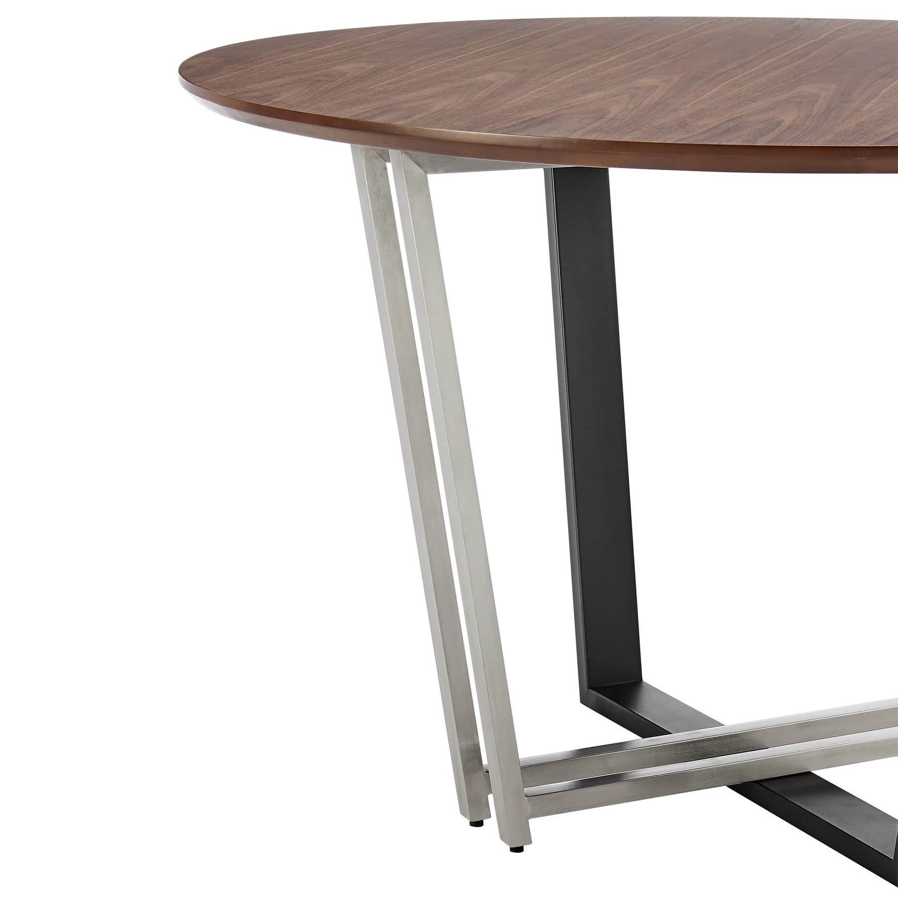 Joana 48" Round Dining Table in Brushed Stainless Steel and Black Iron Base with Walnut Tabletop - Image 4