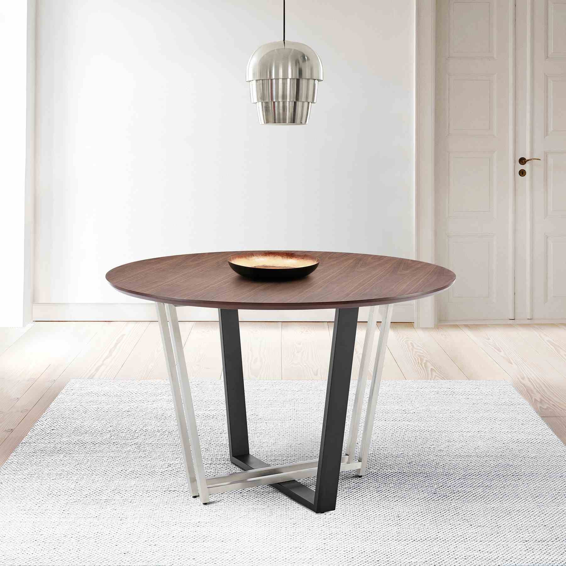 Joana 48" Round Dining Table in Brushed Stainless Steel and Black Iron Base with Walnut Tabletop - Image 8