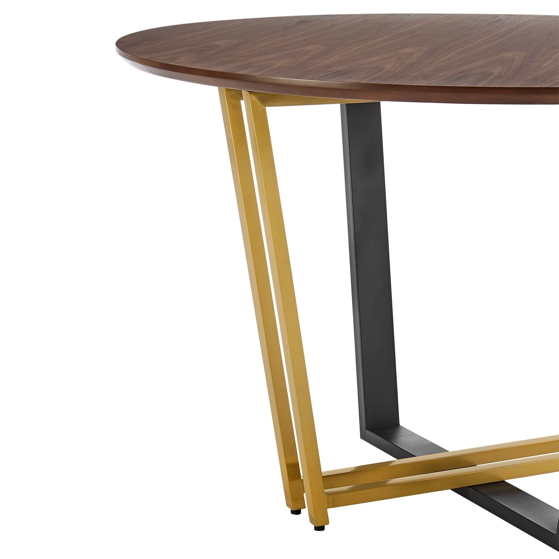 Joana 48" Round Dining Table in Gold Stainless Steel and Black Iron Base with Walnut Tabletop - Image 4