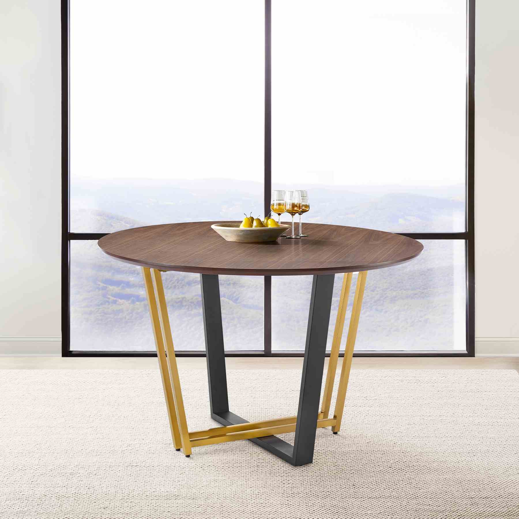 Joana 48" Round Dining Table in Gold Stainless Steel and Black Iron Base with Walnut Tabletop - Image 8
