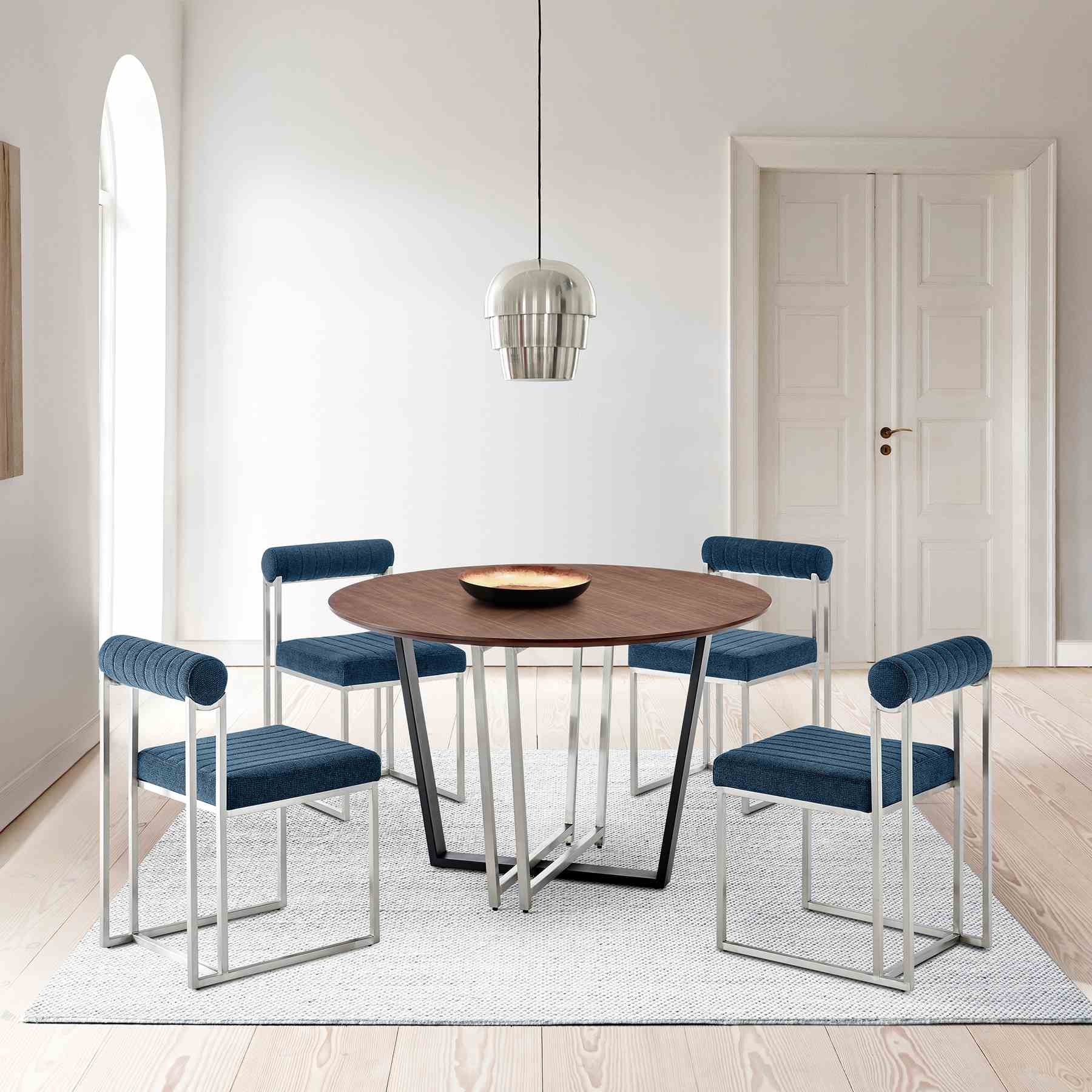 Joana Anastasia 5 Piece Round Walnut Dining Table Set with Brushed Stainless Steel and Blue Fabric - Image 10