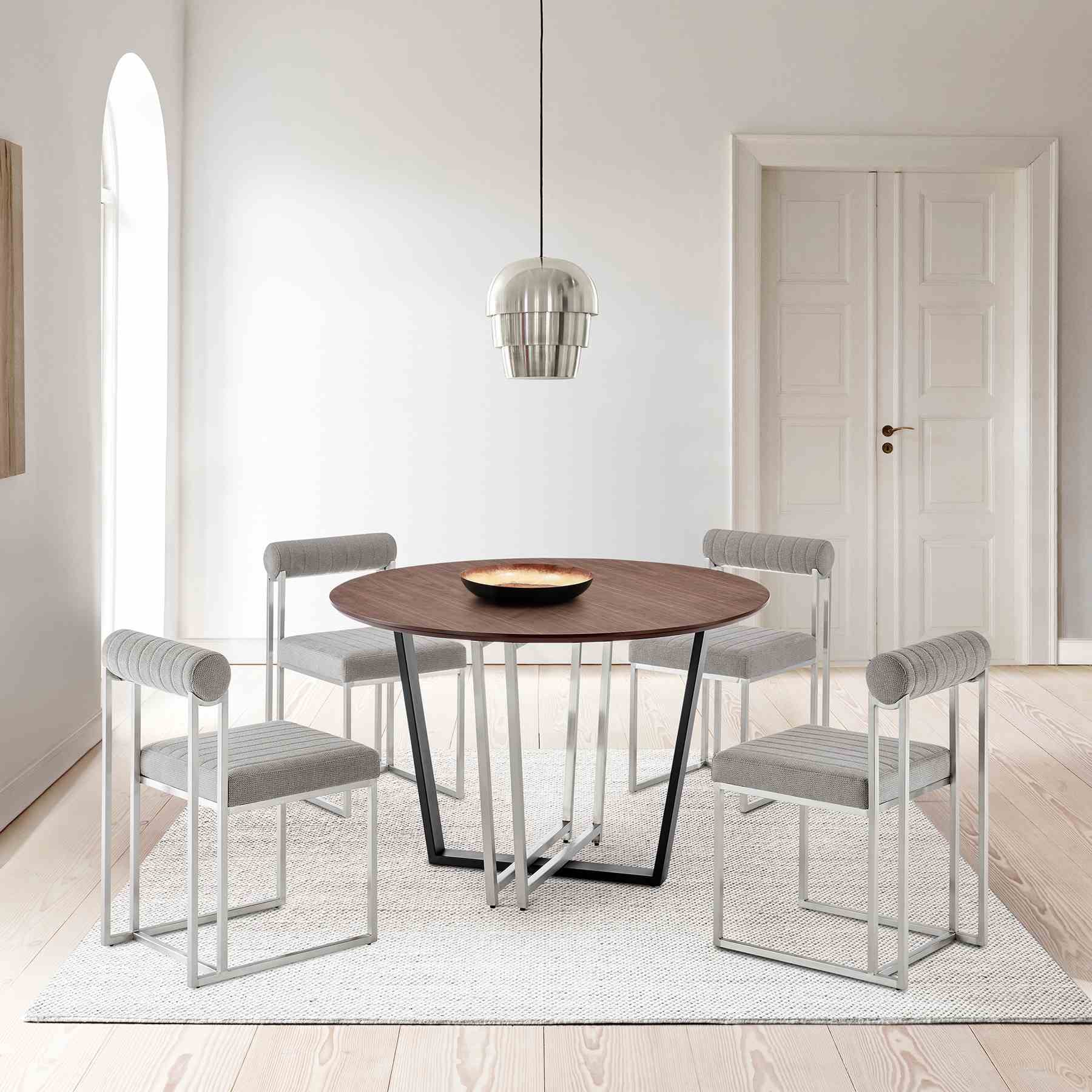 Joana Anastasia 5 Piece Round Walnut Dining Table Set with Brushed Stainless Steel and Light Gray Fabric - Image 10