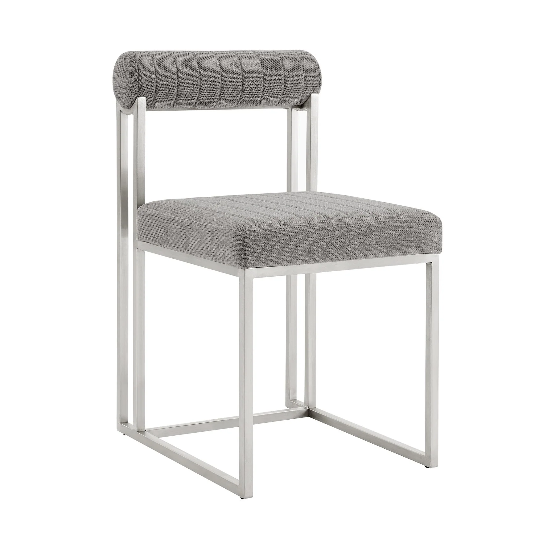 Joana Anastasia 5 Piece Round Walnut Dining Table Set with Brushed Stainless Steel and Light Gray Fabric - Image 2