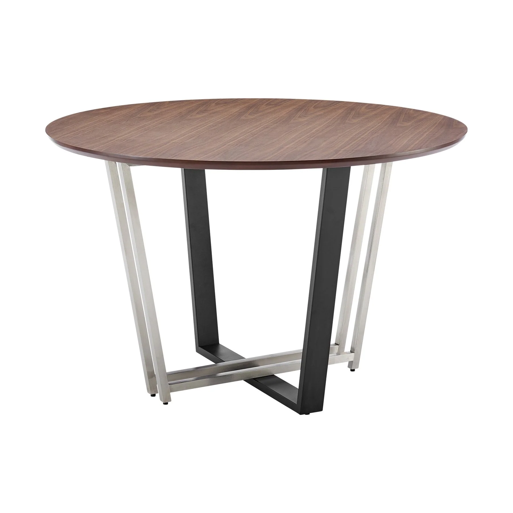 Joana Anastasia 5 Piece Round Walnut Dining Table Set with Brushed Stainless Steel and Light Gray Fabric - Image 4