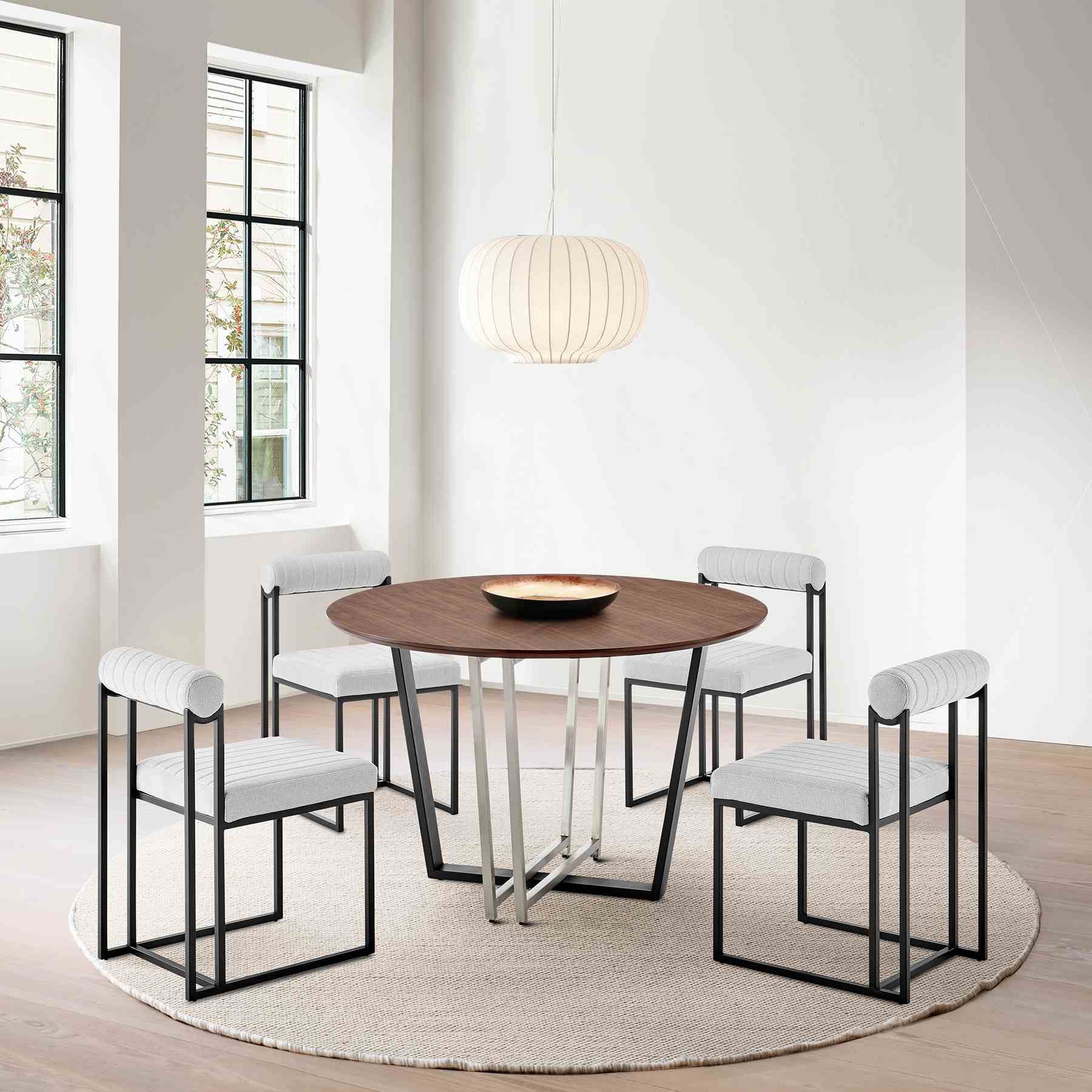 Joana Anastasia 5 Piece Round Walnut Dining Table Set with Matte Black Iron and Light Gray Fabric - Image 10