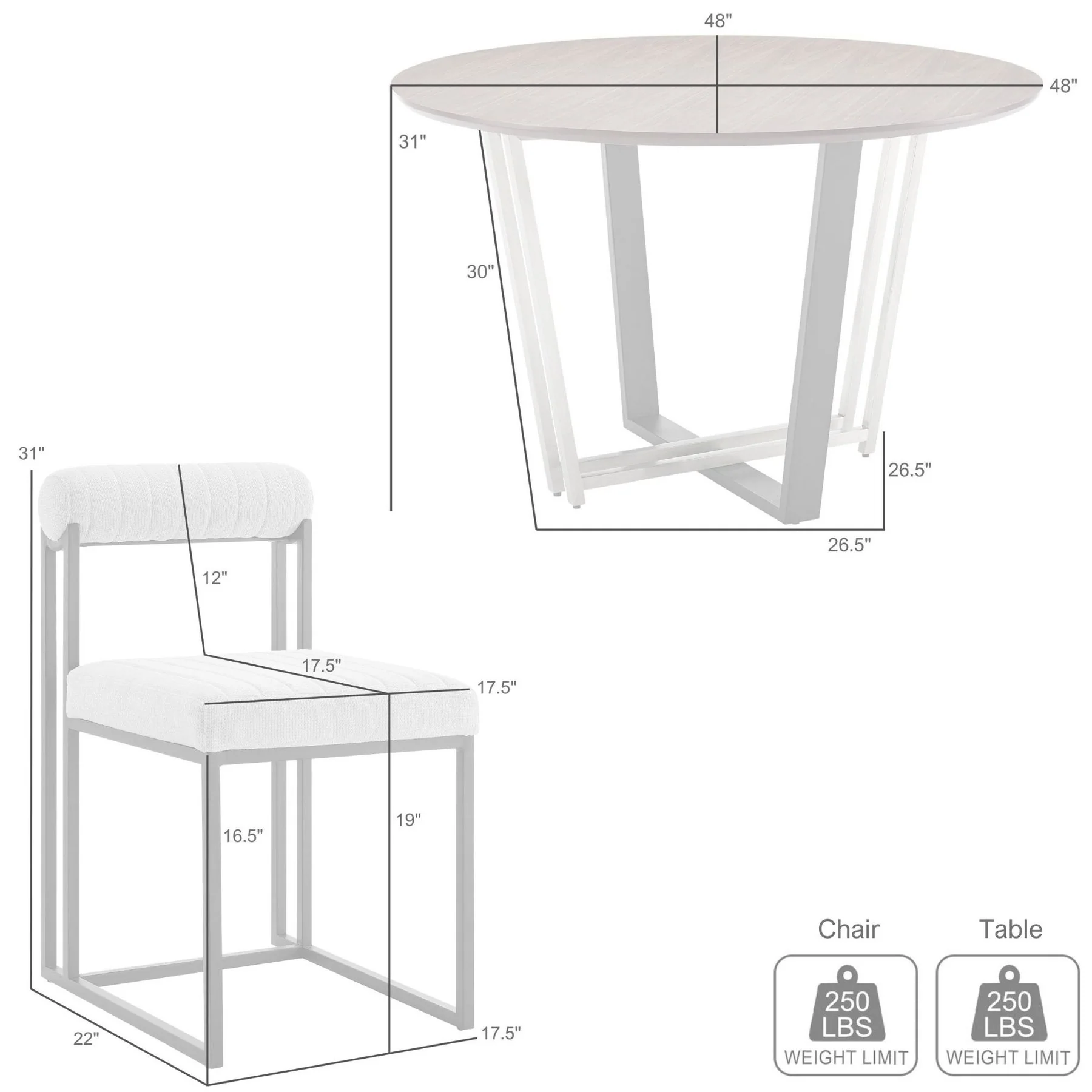 Joana Anastasia 5 Piece Round Walnut Dining Table Set with Matte Black Iron and Light Gray Fabric - Image 9