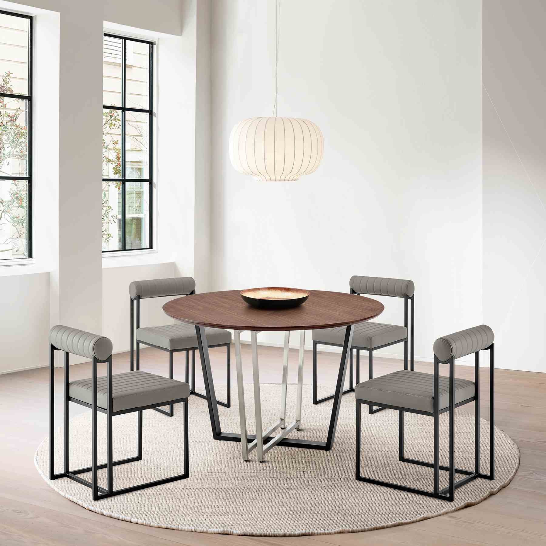 Joana Anastasia 5 Piece Round Walnut Dining Table Set with Matte Black Iron and Light Gray Faux Leather - Image 10
