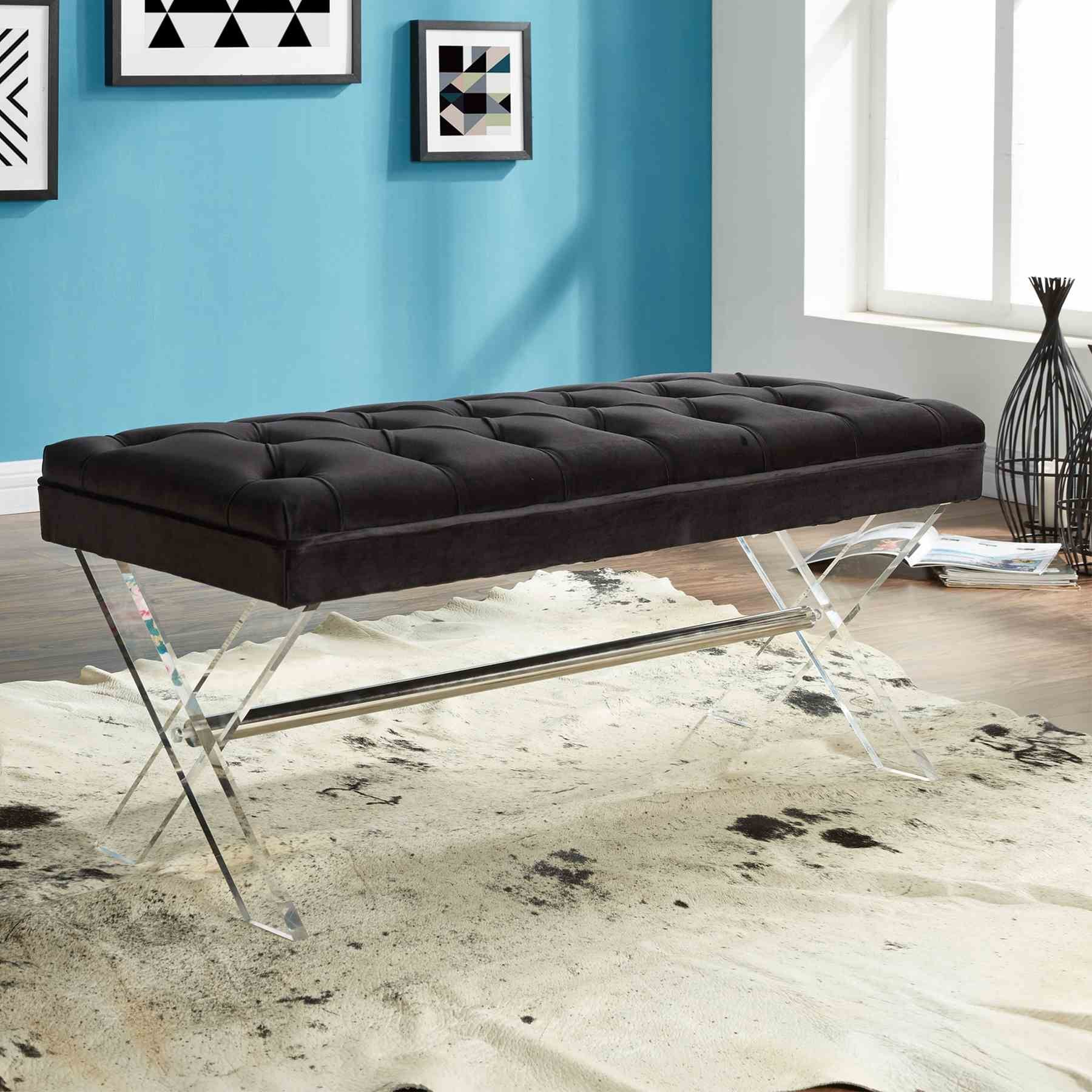 Joanna Ottoman Bench in Black Tufted Velvet with Crystal Buttons and Acrylic Legs - Image 2