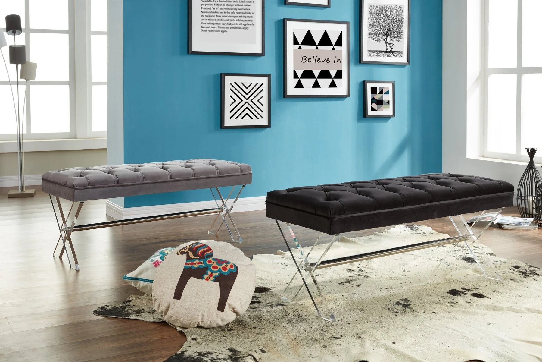 Joanna Ottoman Bench in Black Tufted Velvet with Crystal Buttons and Acrylic Legs - Image 3