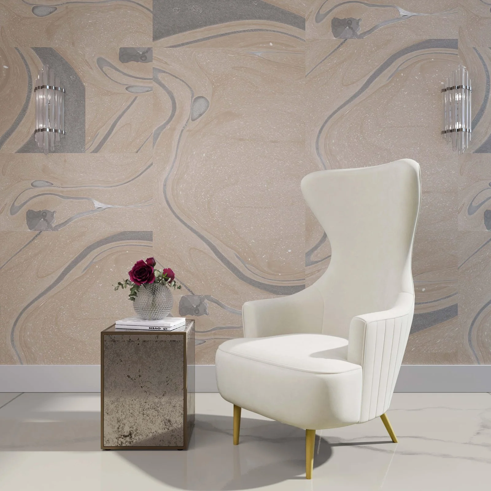 Julia Cream Velvet Channel Tufted Wingback Chair - Image 2