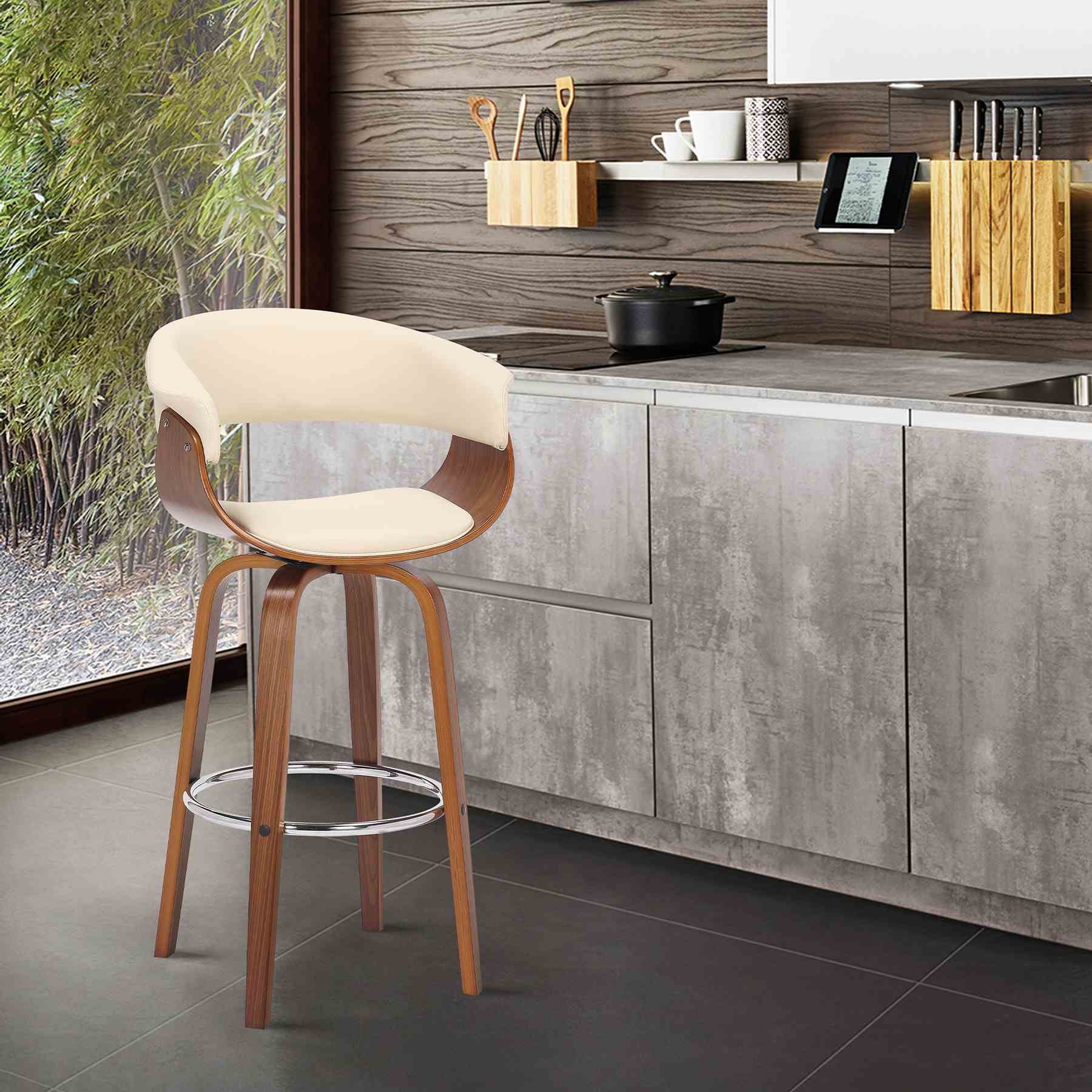 Julyssa 30" Bar Height Swivel Cream Faux Leather and Walnut Wood Bar Stool - Image 9