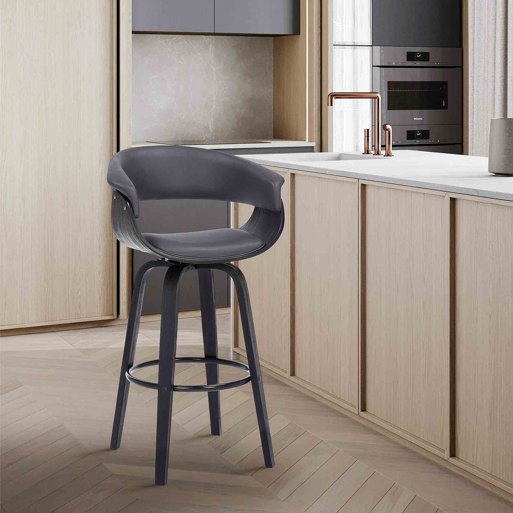 Julyssa 30" Bar Height Swivel Gray Faux Leather and Black Wood Bar Stool - Image 9