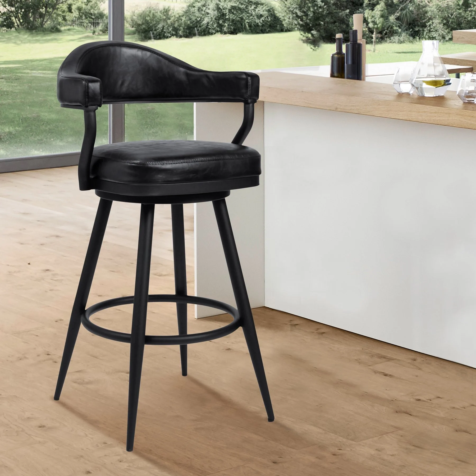 Justin 26" Counter Height Swivel Vintage Black Faux Leather Bar Stool with Black Metal Legs - Image 7