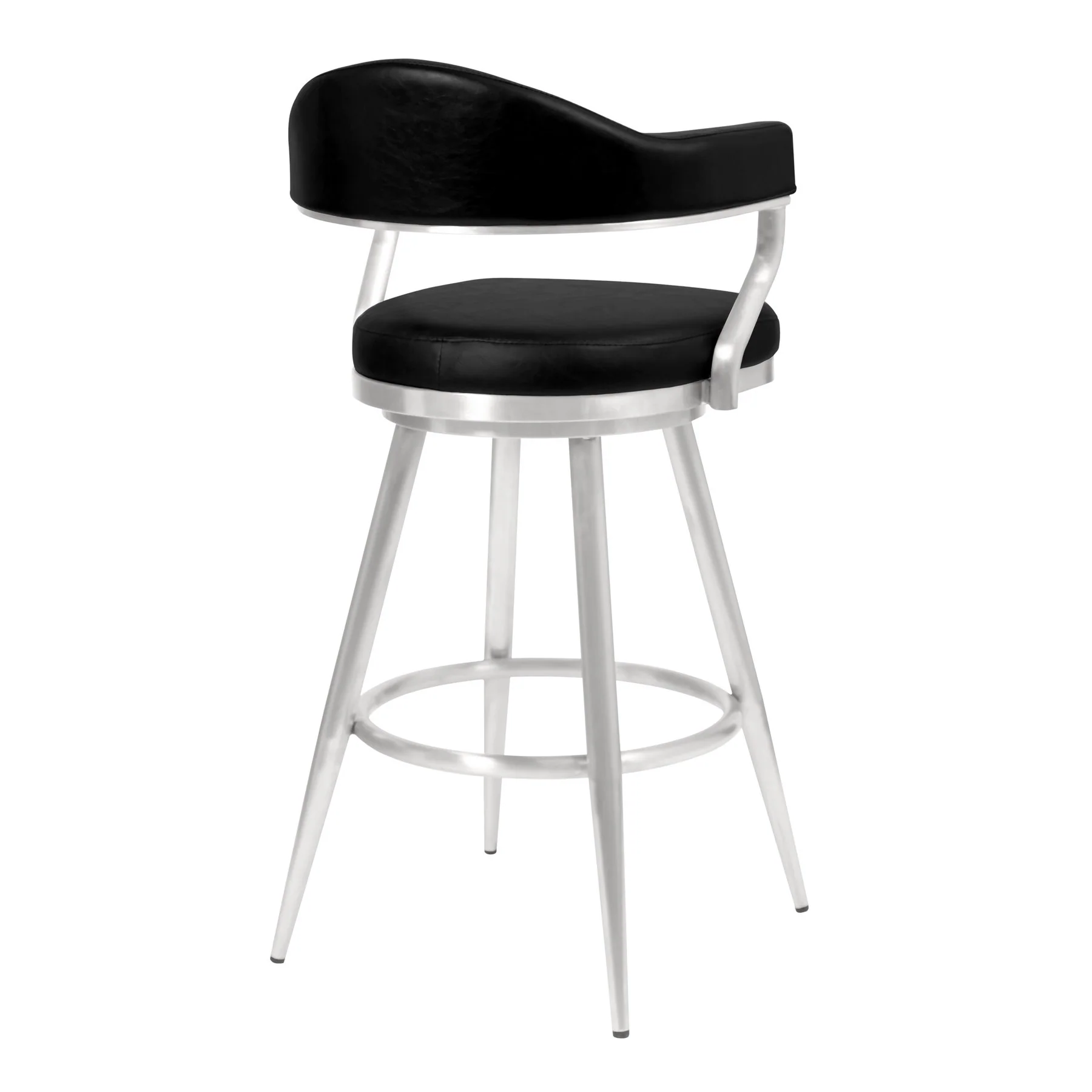 Justin 26" Counter Height Swivel Vintage Black Faux Leather Bar Stool with Brushed Stainless Steel Legs - Image 2