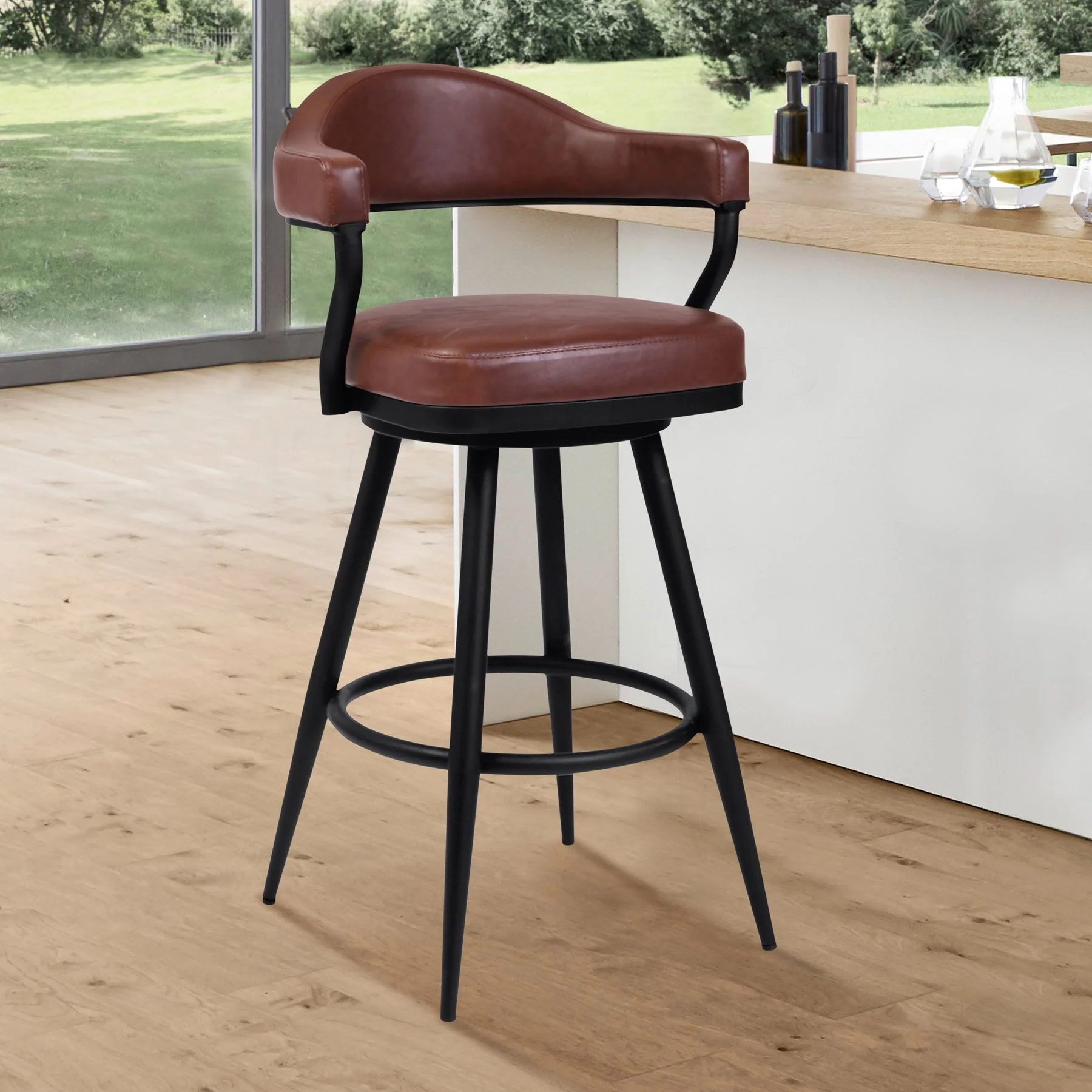 Justin 26" Counter Height Swivel Vintage Coffee Faux Leather Bar Stool with Black Metal Legs - Image 7
