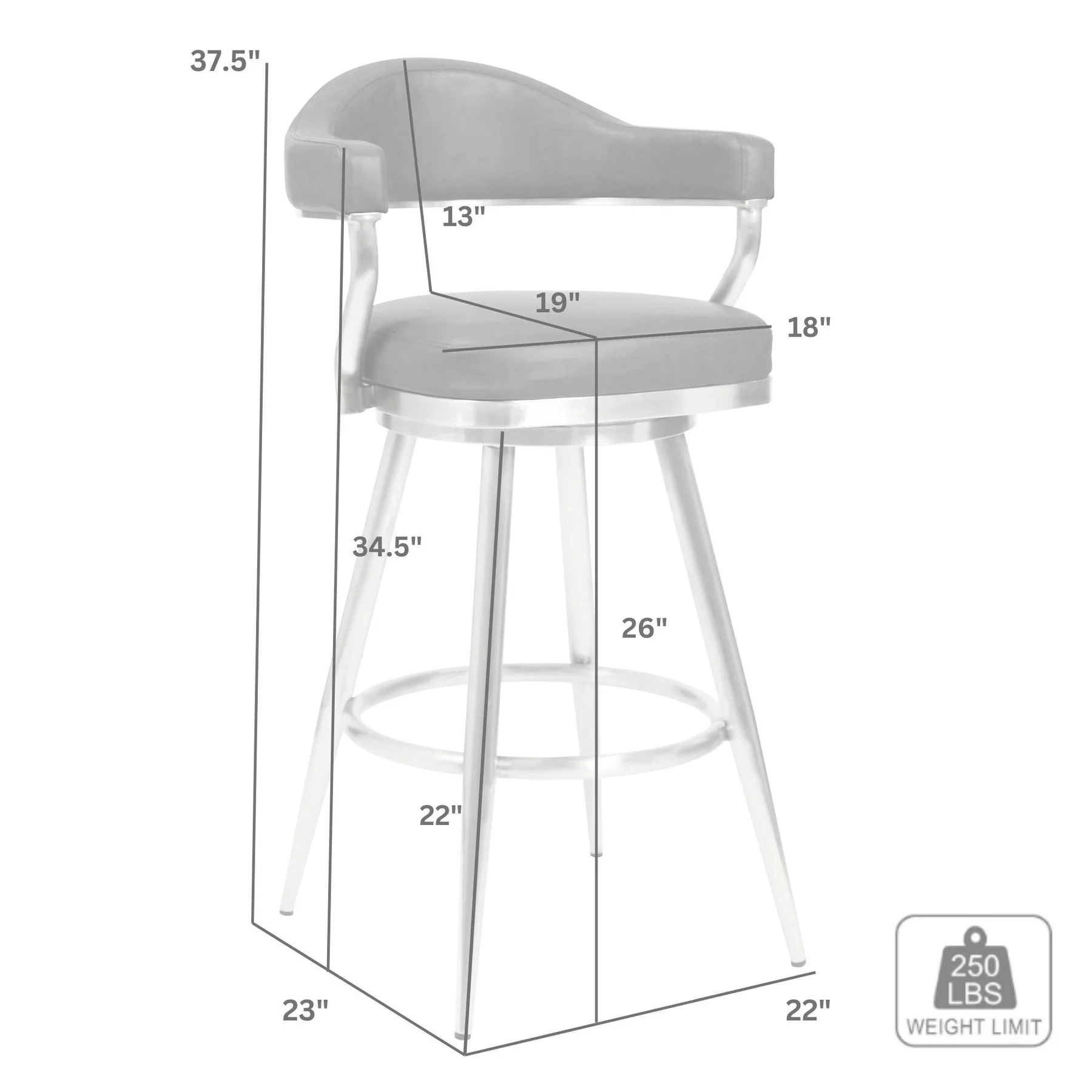 Justin 26" Counter Height Swivel Vintage Gray Faux Leather Bar Stool with Brushed Stainless Steel Legs - Image 6