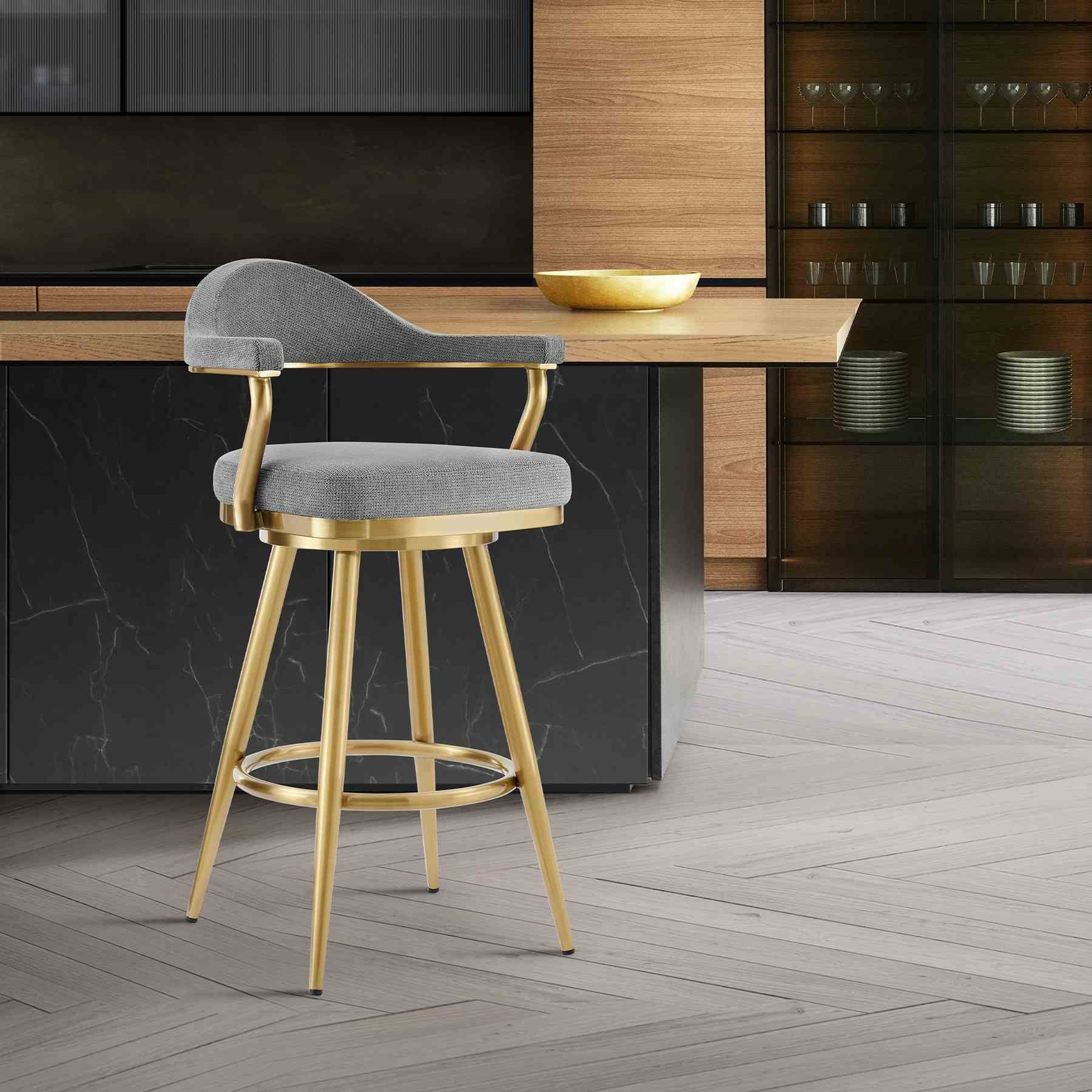 Justin 26" Swivel Counter Stool with Gold Brushed Stainless Steel and Anchor Gray Fabric - Image 10