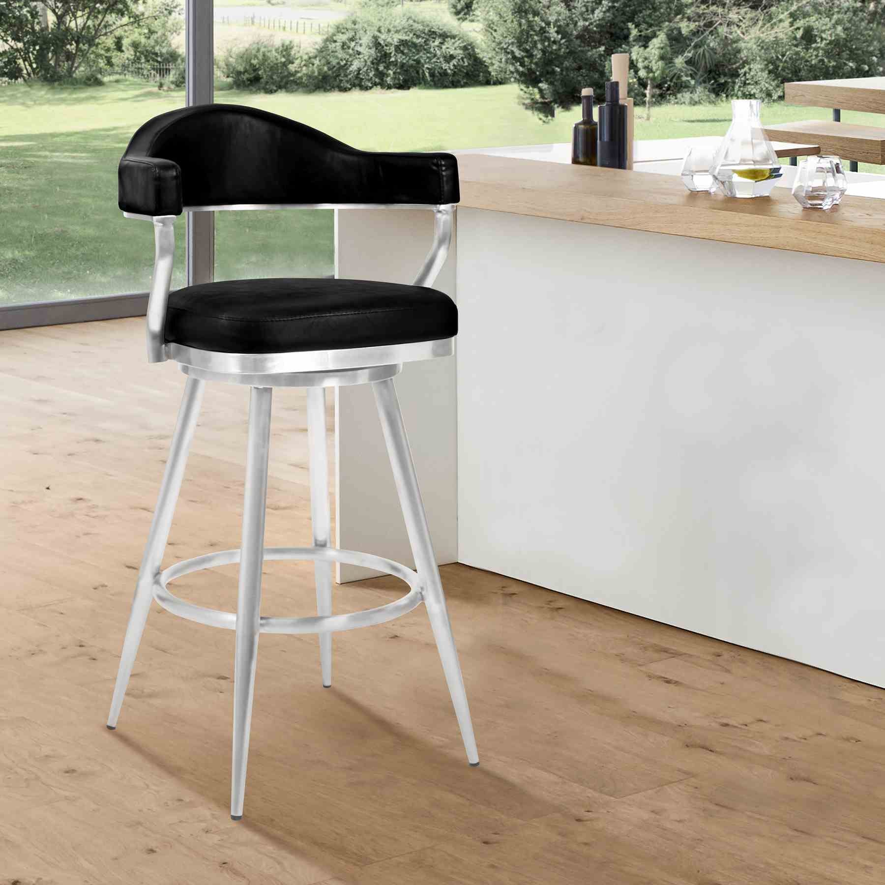 Justin 30" Bar Height Barstool in Brushed Stainless Steel and Vintage Black Faux Leather - Image 6