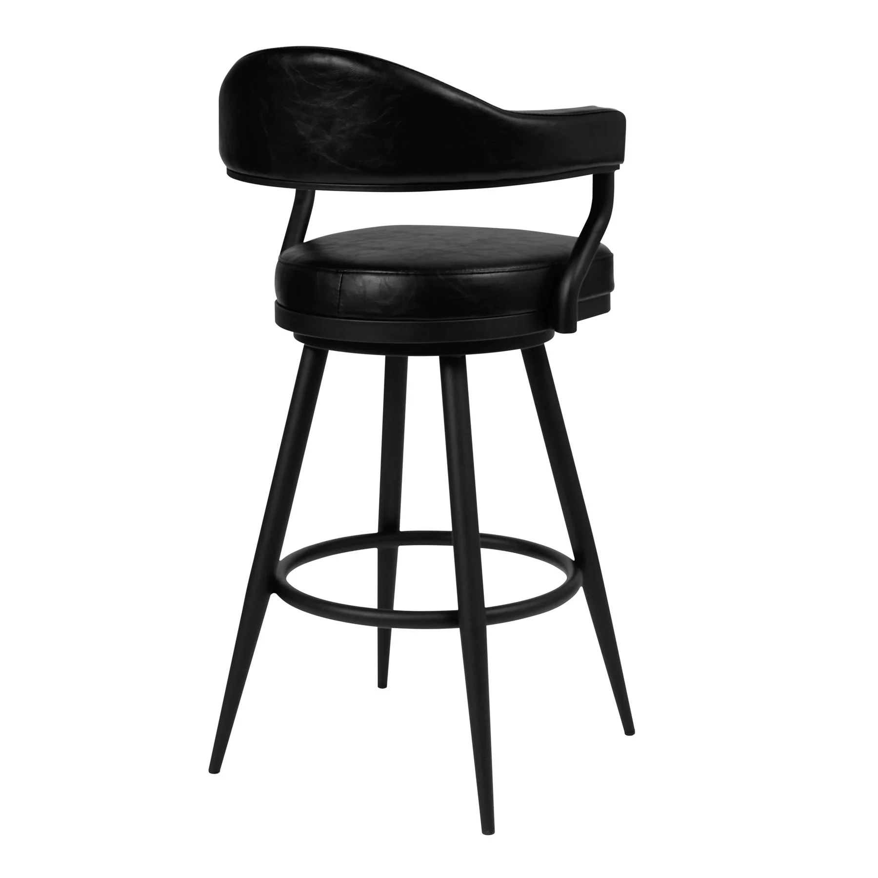 Justin 30" Bar Height Swivel Vintage Black Faux Leather Bar Stool with Black Metal Legs - Image 2