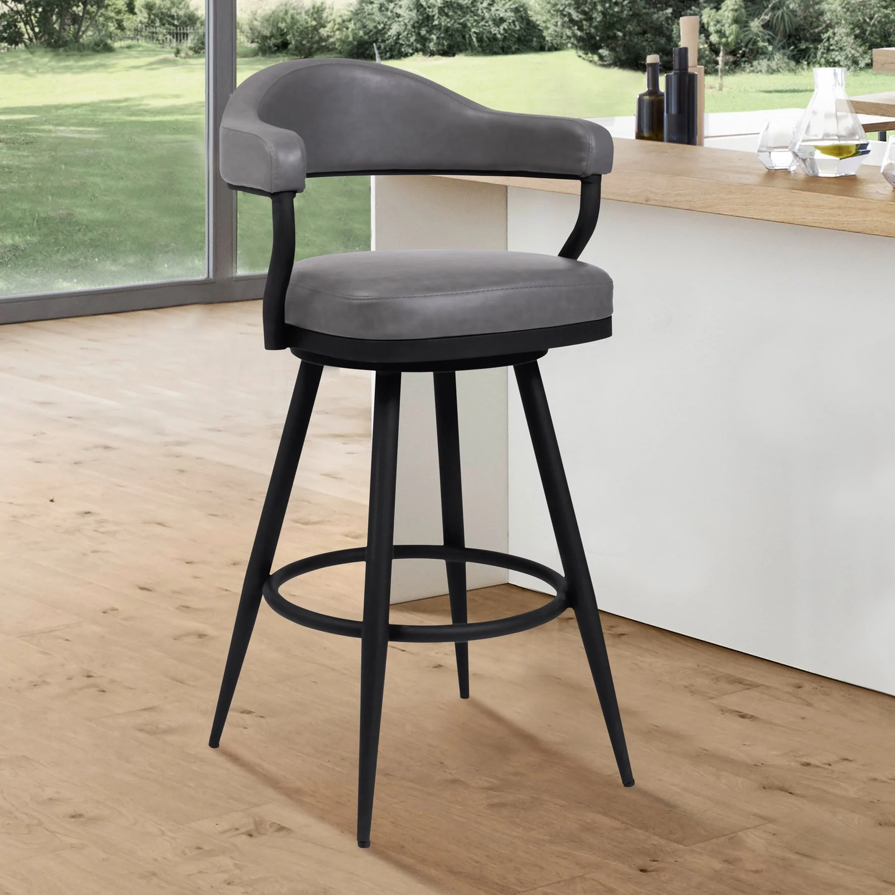 Justin 30" Bar Height Swivel Vintage Gray Faux Leather Bar Stool with Black Metal Legs - Image 7