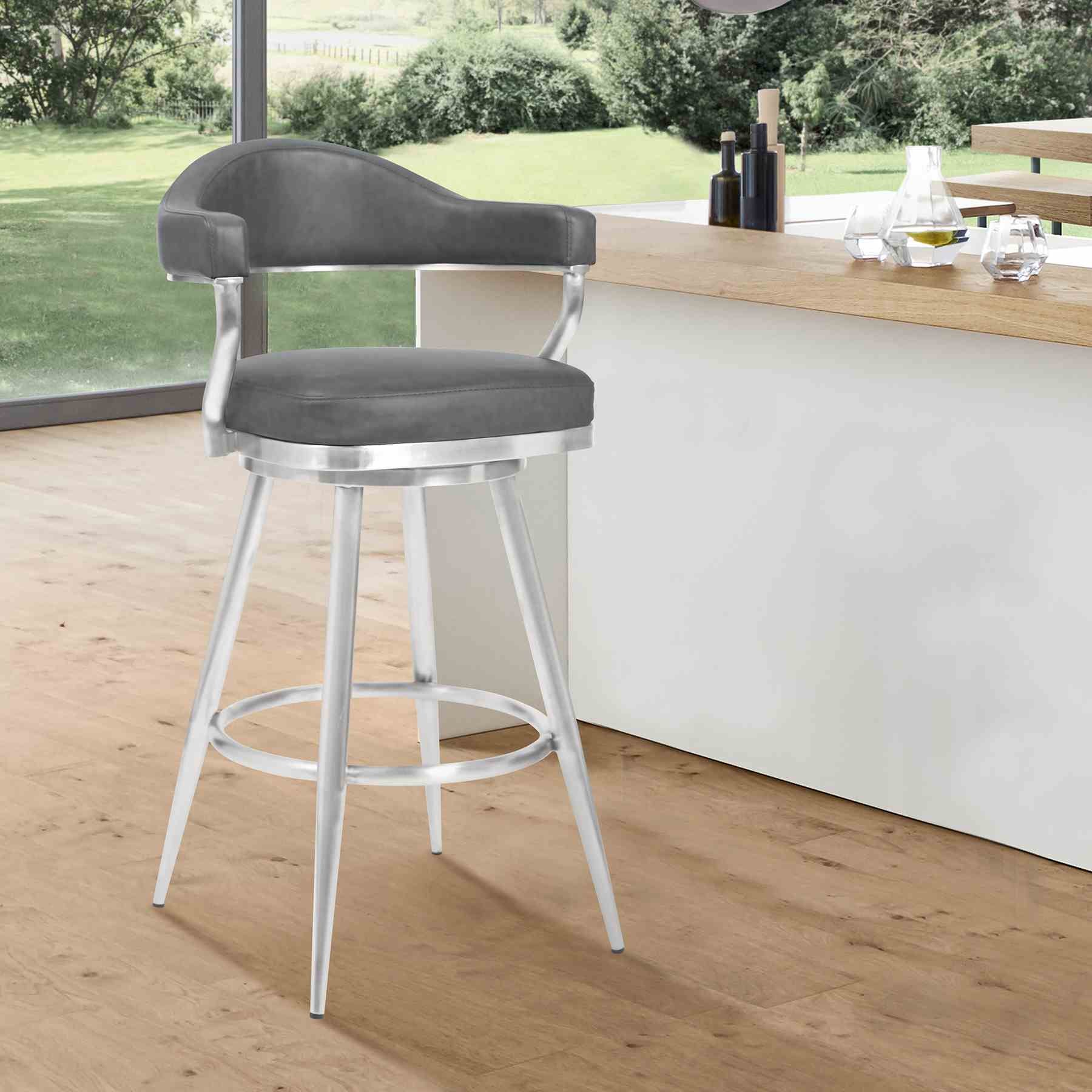 Justin 30" Bar Height Swivel Vintage Gray Faux Leather Bar Stool with Brushed Stainless Steel Legs - Image 7