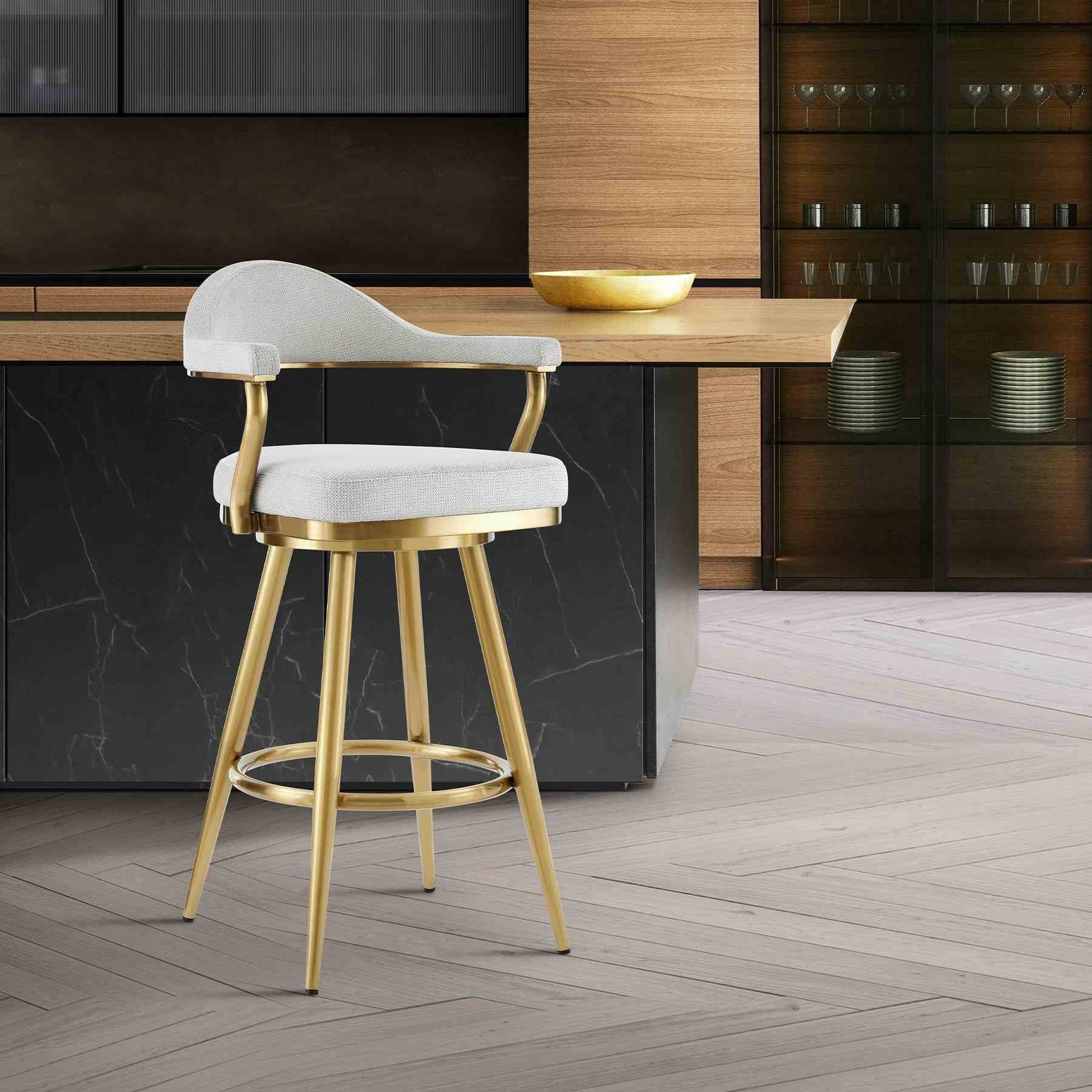 Justin 30" Swivel Bar Stool with Gold Brushed Stainless Steel and Silver Fabric - Image 10