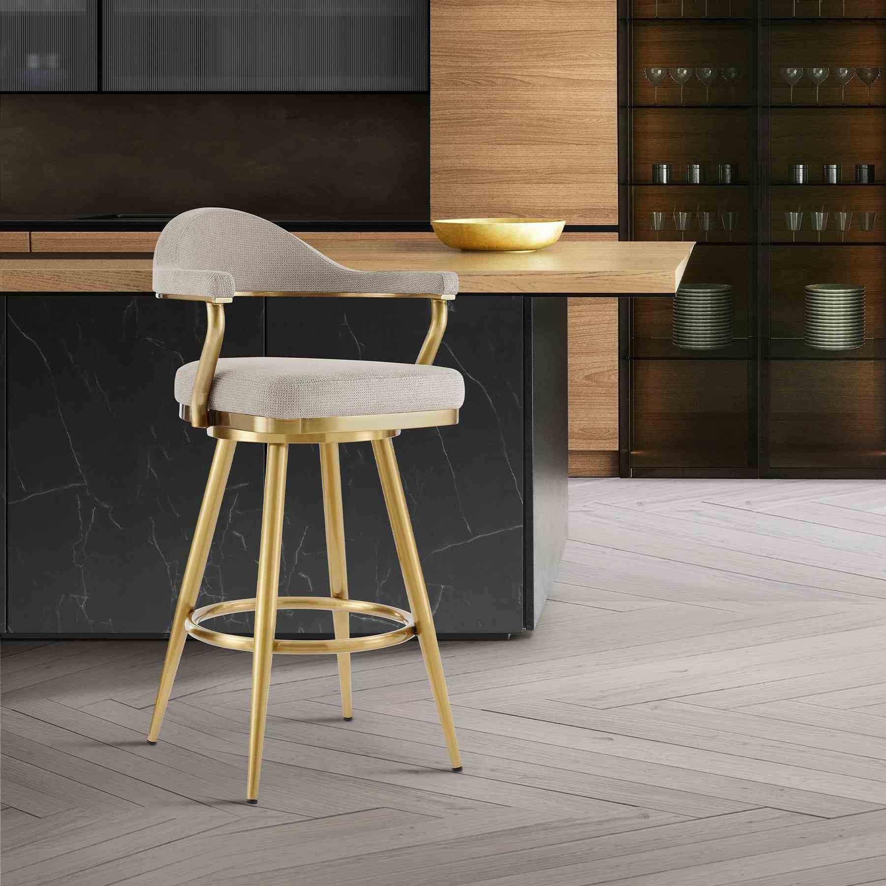 Justin 30" Swivel Bar Stool with Gold Brushed Stainless Steel and Taupe Fabric - Image 10