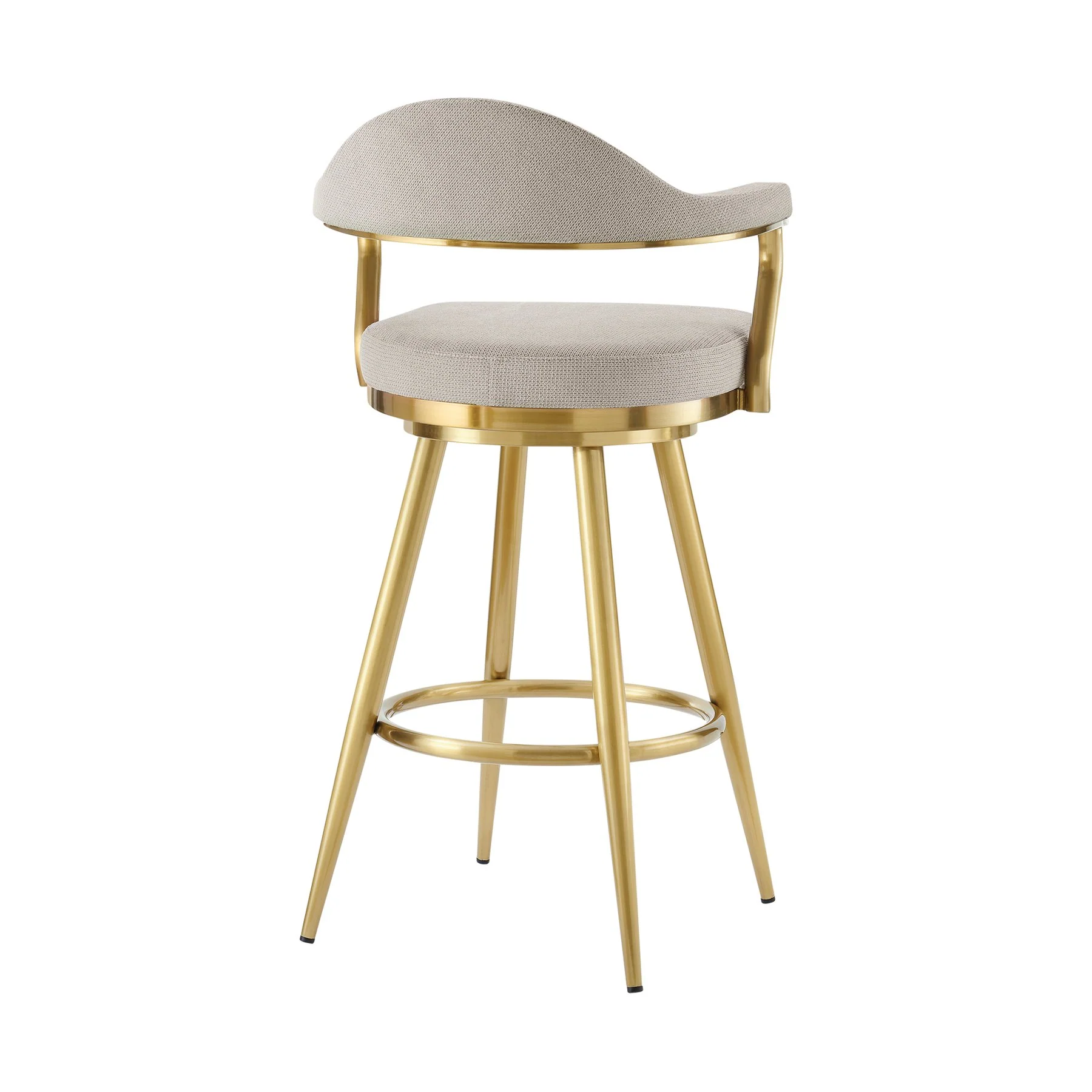 Justin 30" Swivel Bar Stool with Gold Brushed Stainless Steel and Taupe Fabric - Image 3