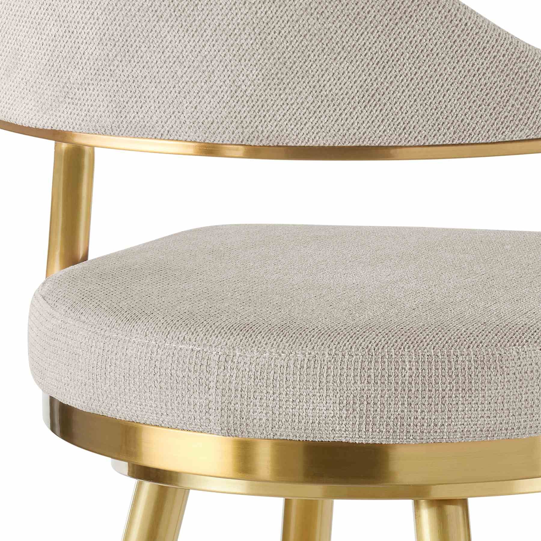 Justin 30" Swivel Bar Stool with Gold Brushed Stainless Steel and Taupe Fabric - Image 7