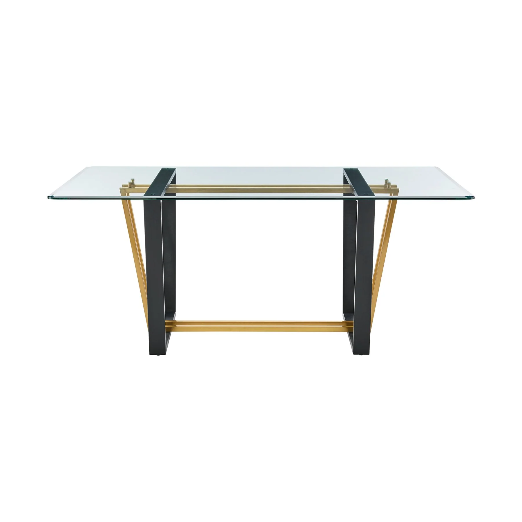 Kai 72" Rectangular Dining Table in Gold Stainless Steel and Black Iron Base with Glass Tabletop - Image 2