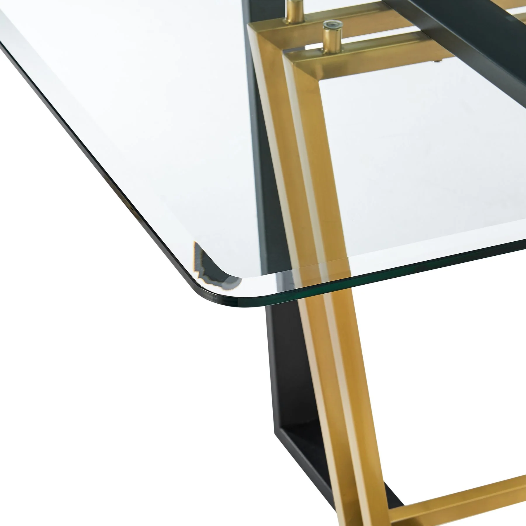 Kai 72" Rectangular Dining Table in Gold Stainless Steel and Black Iron Base with Glass Tabletop - Image 4