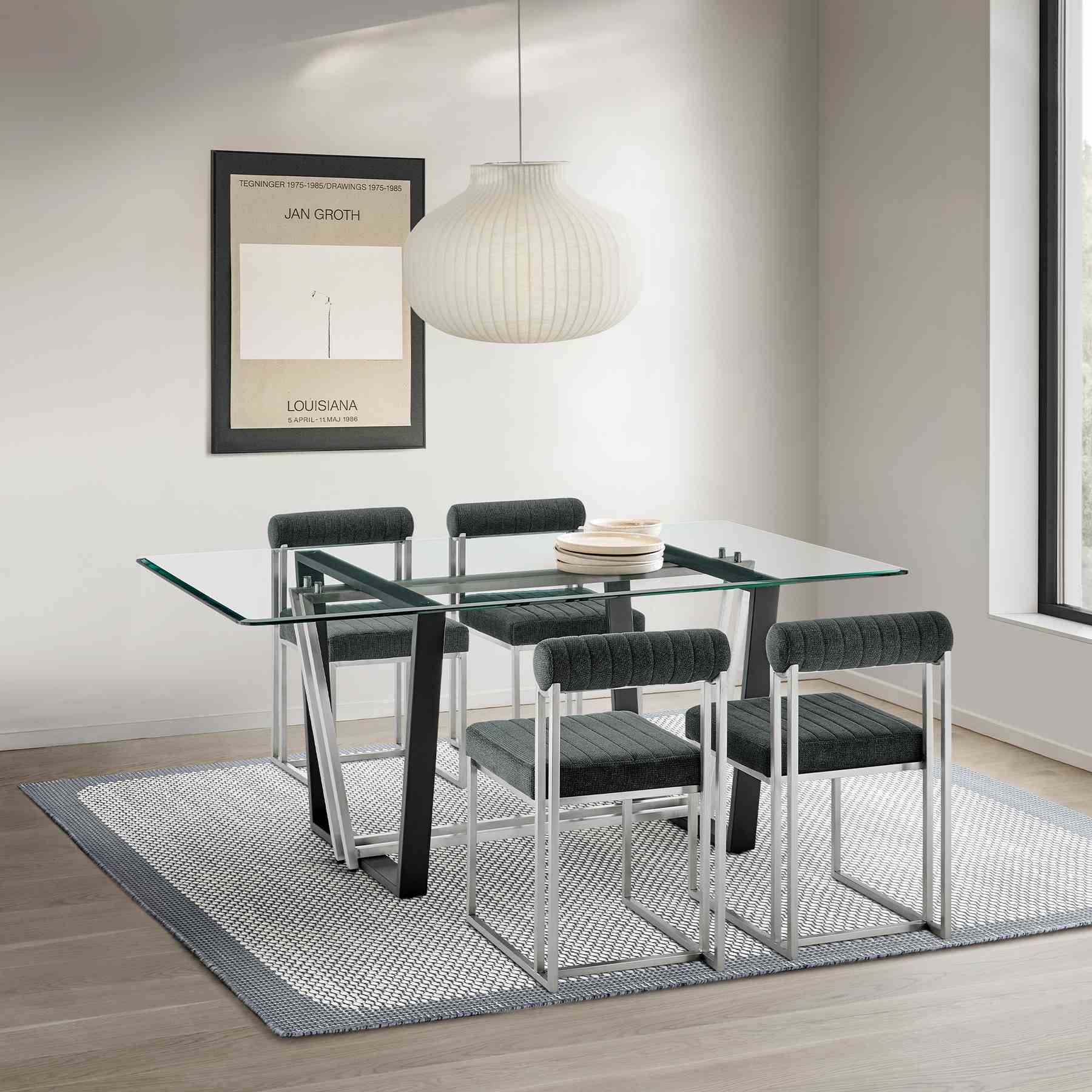 Kai Anastasia 5 Piece Rectangular Glass Dining Table Set with Brushed Stainless Steel and Charcoal Fabric - Image 11