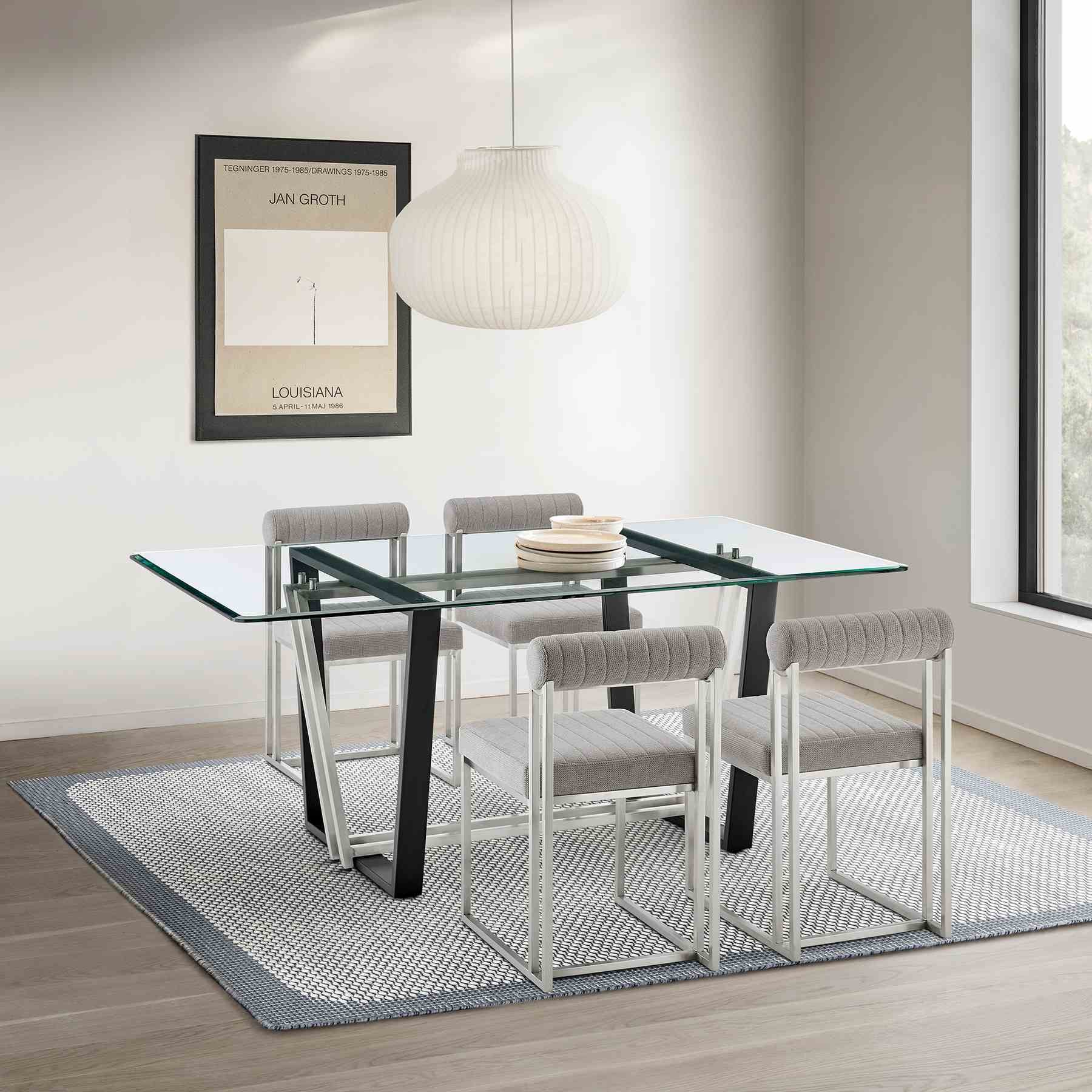 Kai Anastasia 5 Piece Rectangular Glass Dining Table Set with Brushed Stainless Steel and Light Gray Fabric - Image 11