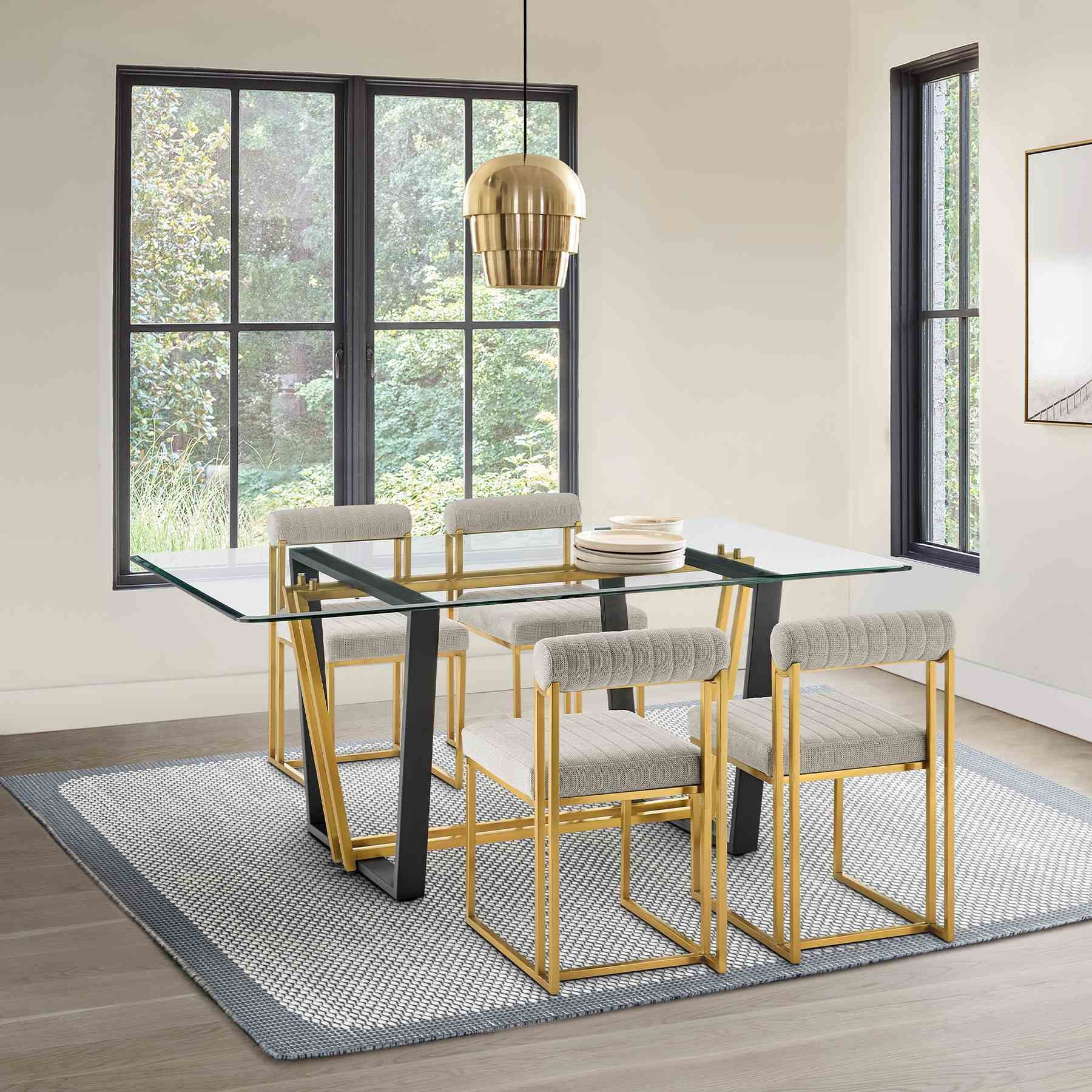 Kai Anastasia 5 Piece Rectangular Glass Dining Table Set with Gold Brushed Stainless Steel and Taupe Fabric - Image 11