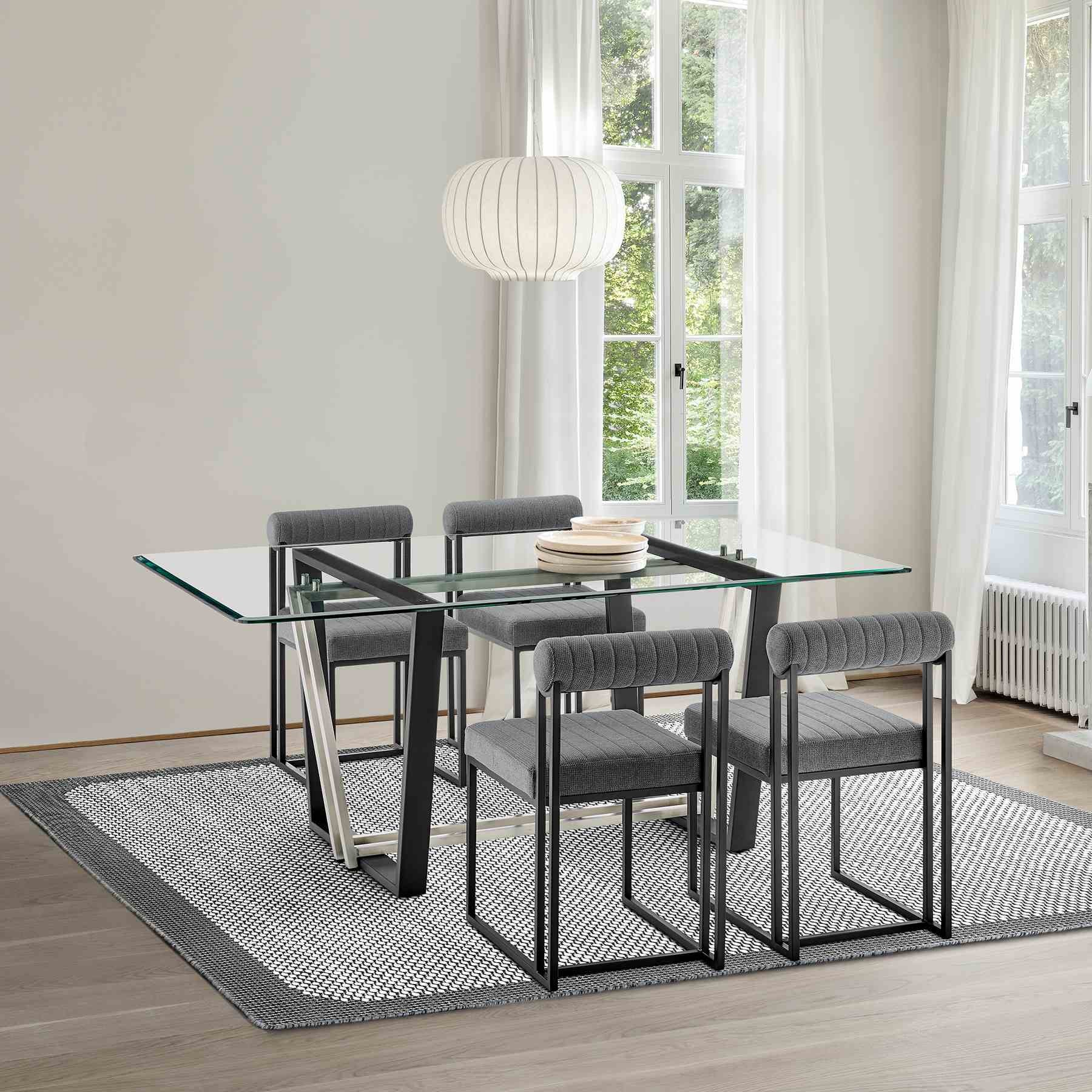 Kai Anastasia 5 Piece Rectangular Glass Dining Table Set with Matte Black Iron and Anchor Gray Fabric - Image 11