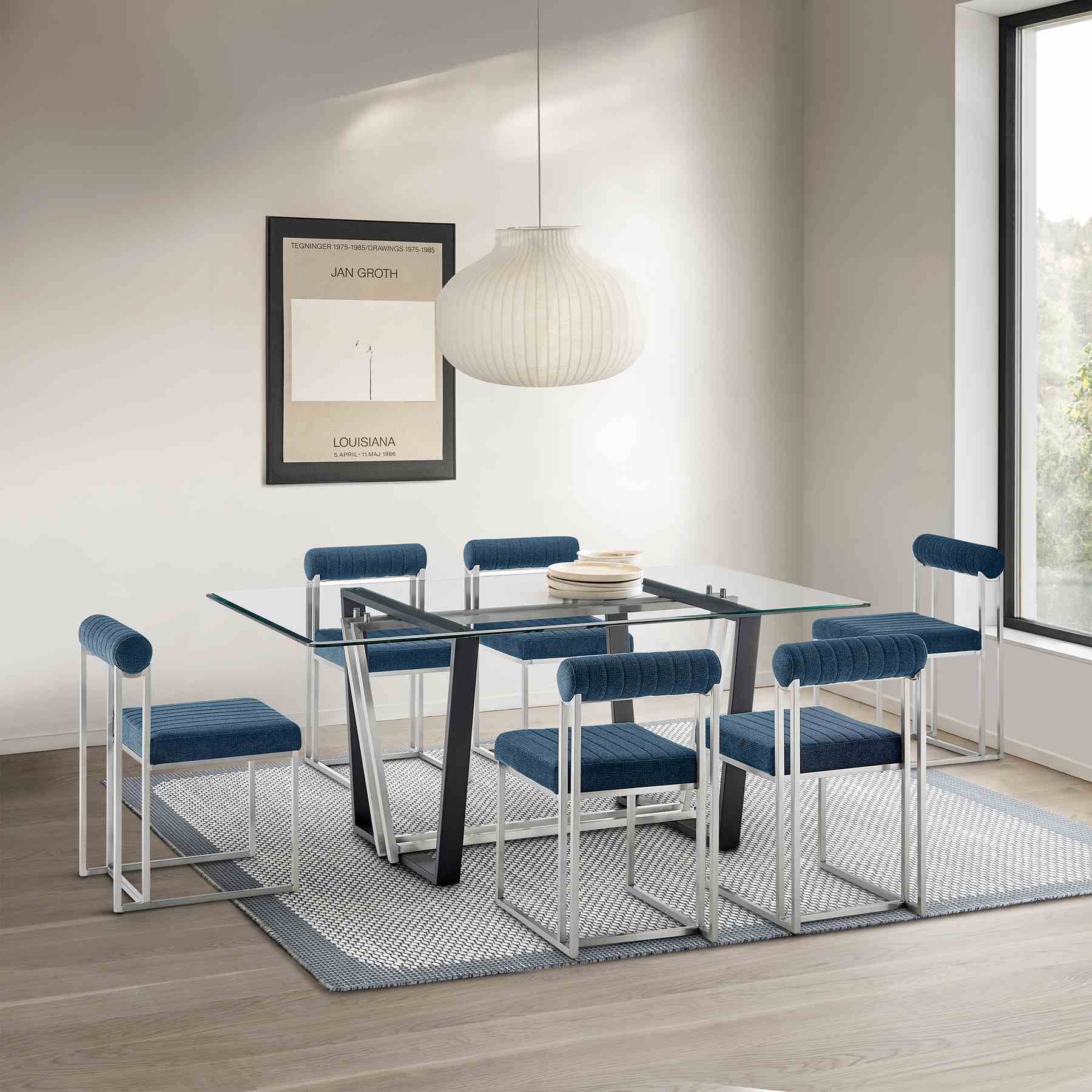 Kai Anastasia 7 Piece Rectangular Glass Dining Table Set with Brushed Stainless Steel and Blue Fabric - Image 11