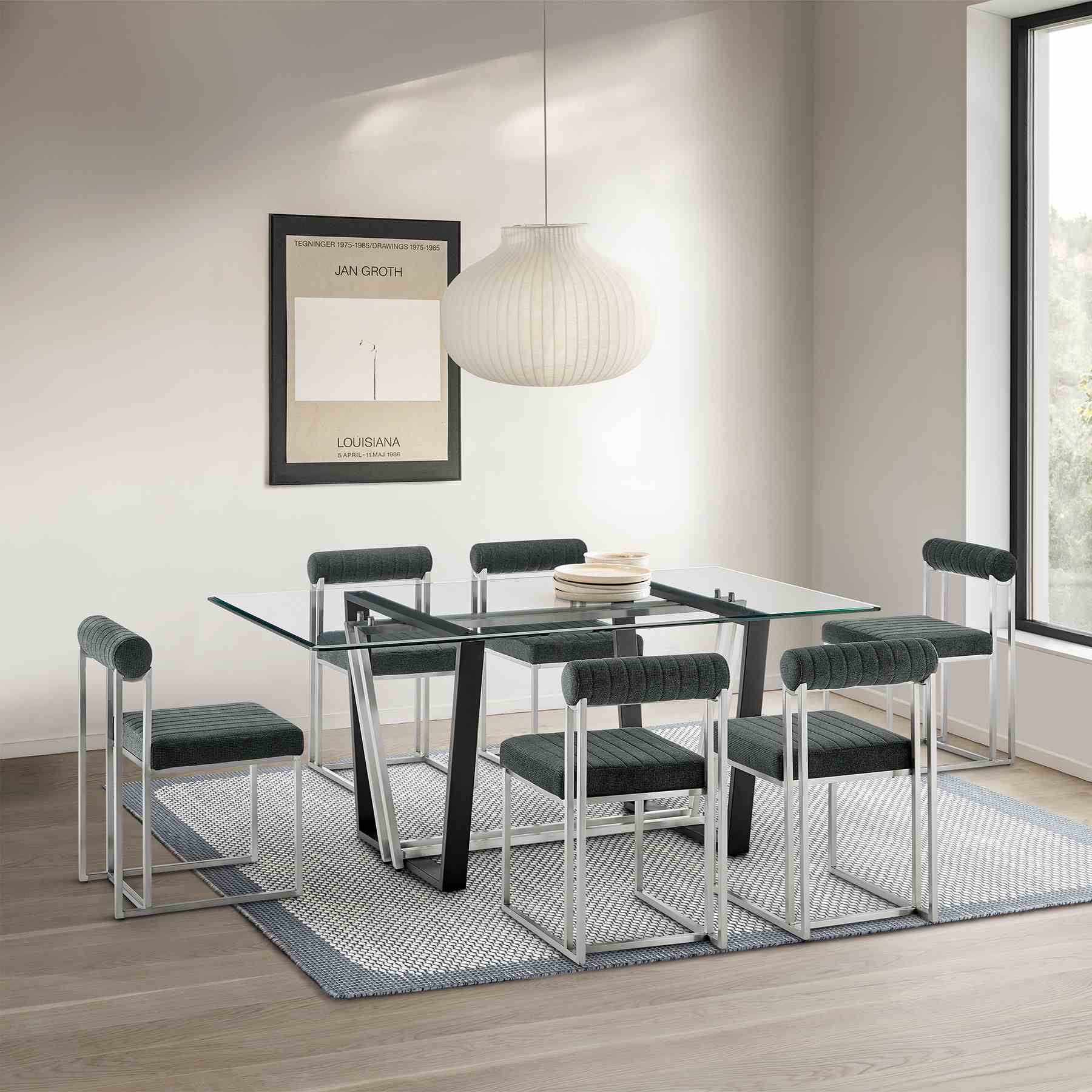 Kai Anastasia 7 Piece Rectangular Glass Dining Table Set with Brushed Stainless Steel and Charcoal Fabric - Image 11