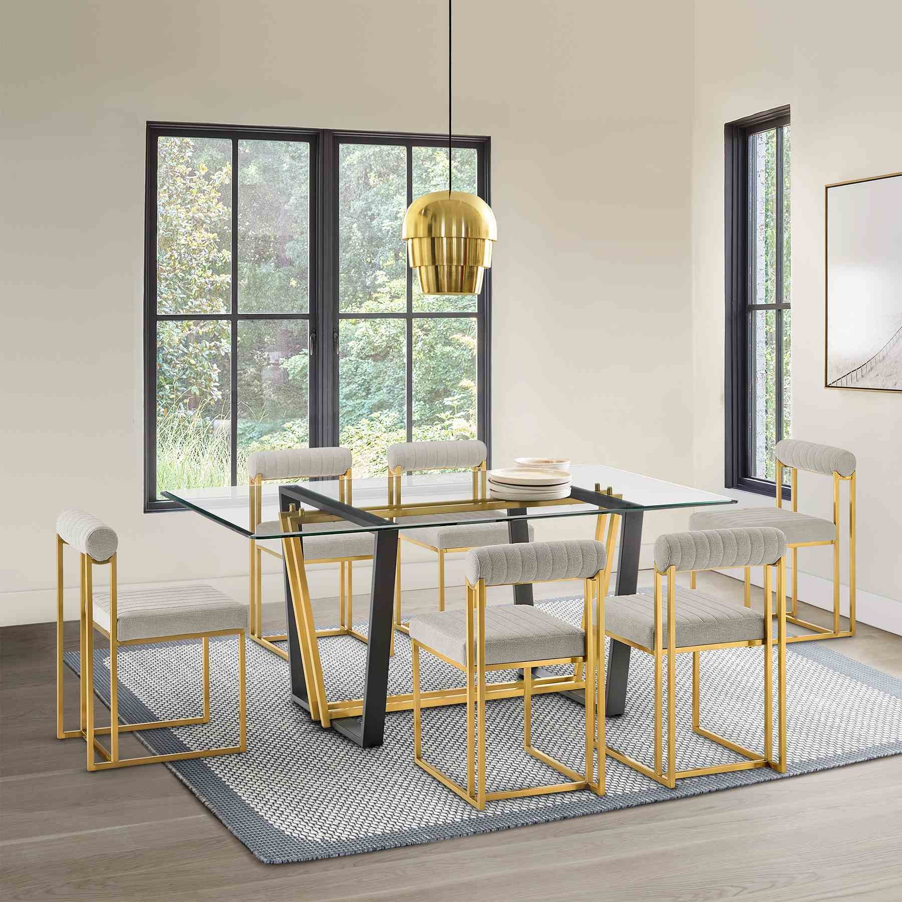 Kai Anastasia 7 Piece Rectangular Glass Dining Table Set with Gold Brushed Stainless Steel and Taupe Fabric - Image 11