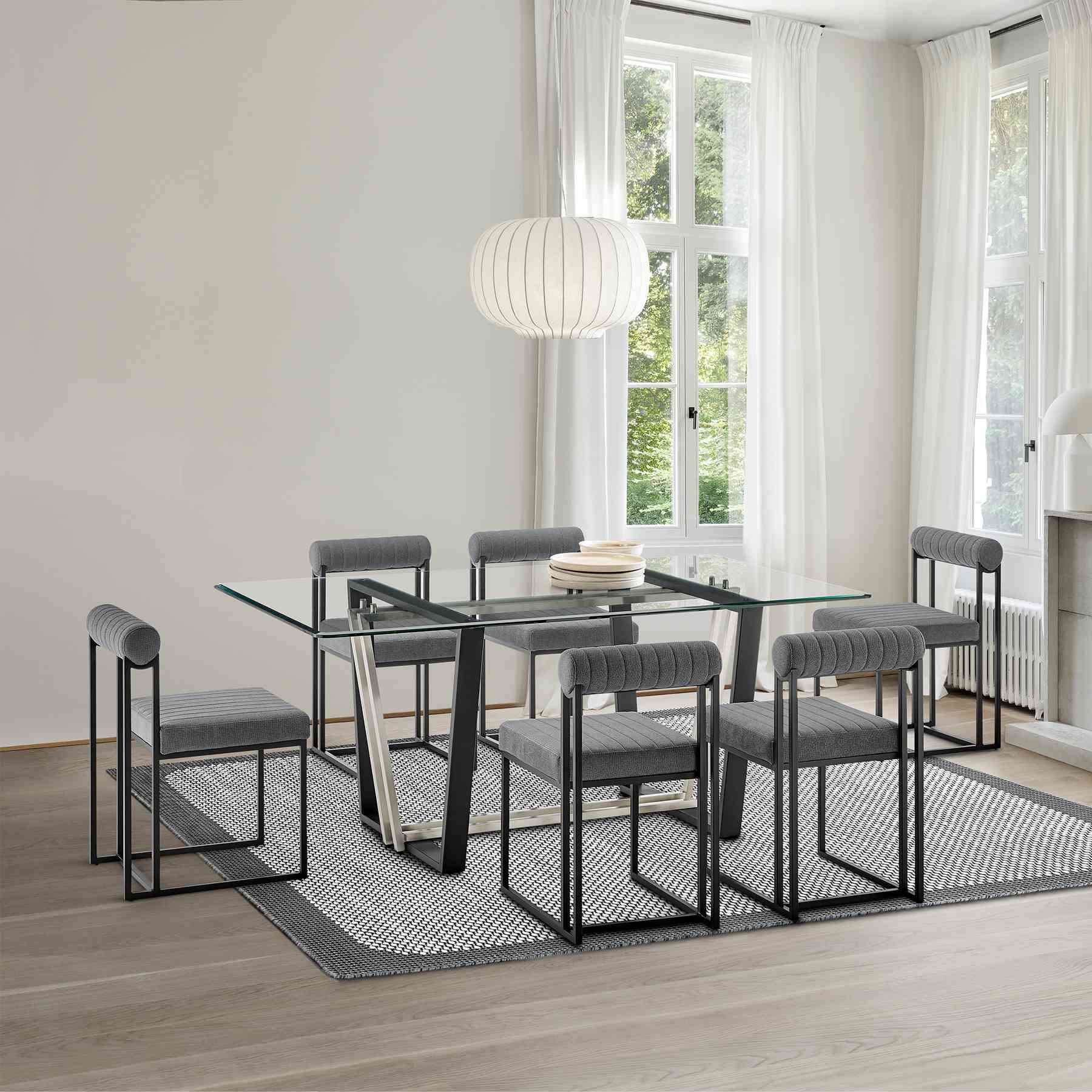 Kai Anastasia 7 Piece Rectangular Glass Dining Table Set with Matte Black Iron and Anchor Gray Fabric - Image 11