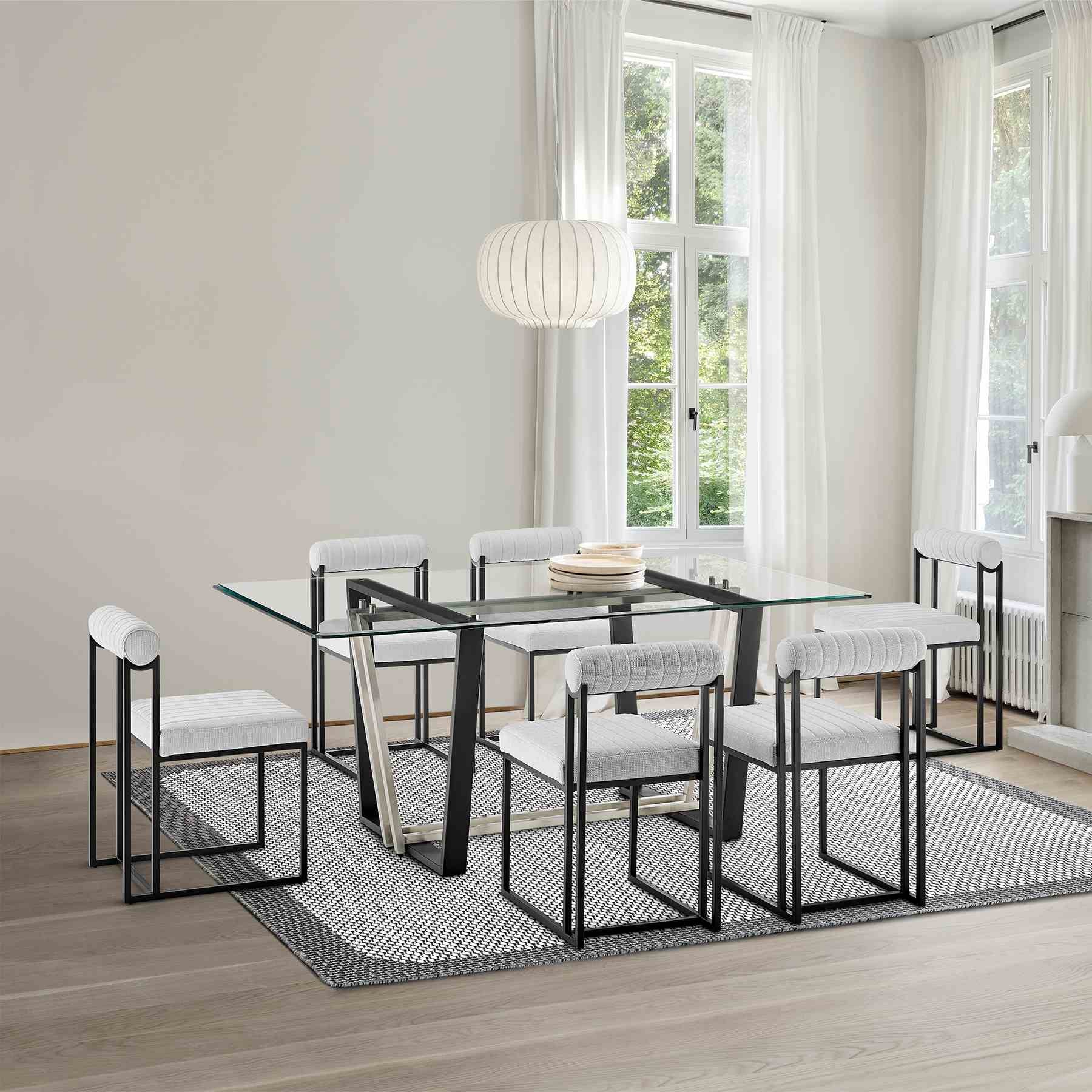 Kai Anastasia 7 Piece Rectangular Glass Dining Table Set with Matte Black Iron and Light Gray Fabric - Image 11
