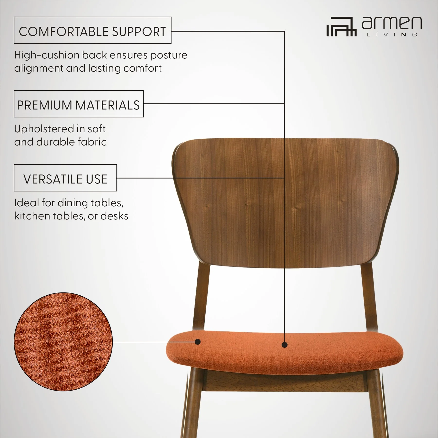 Kalia Wood Dining Chair in Walnut Finish with Orange Fabric - Set of 2 - Image 10