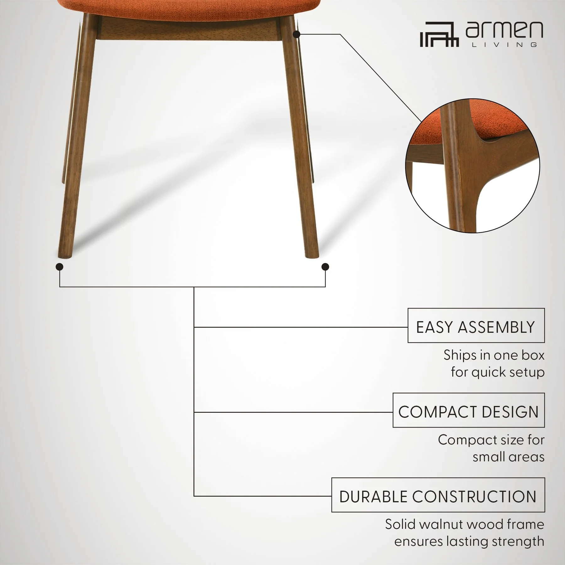 Kalia Wood Dining Chair in Walnut Finish with Orange Fabric - Set of 2 - Image 11
