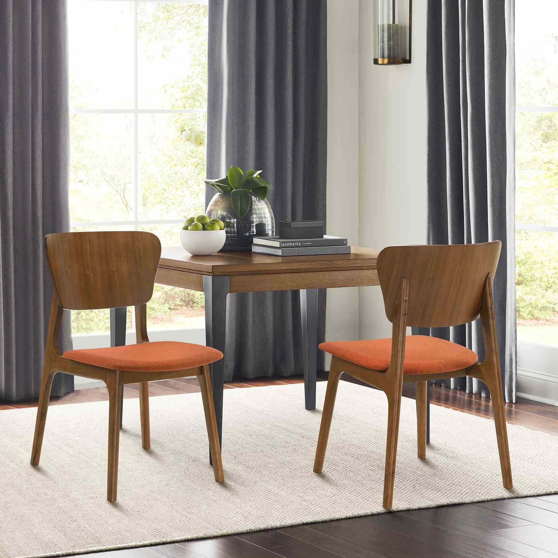 Kalia Wood Dining Chair in Walnut Finish with Orange Fabric - Set of 2 - Image 8