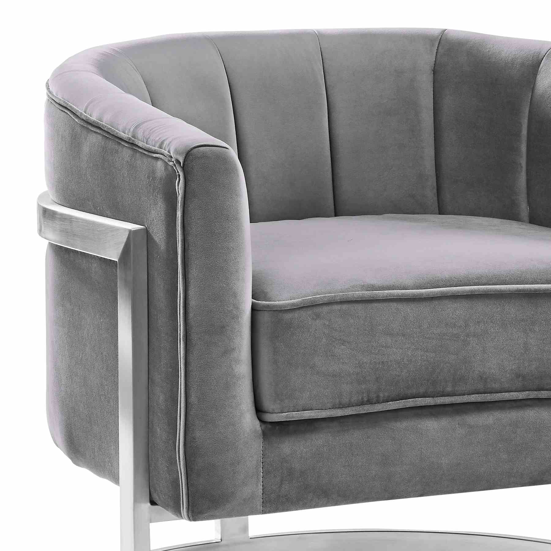 Kamila Contemporary Accent Chair in Gray Velvet and Brushed Stainless Steel Finish - Image 2