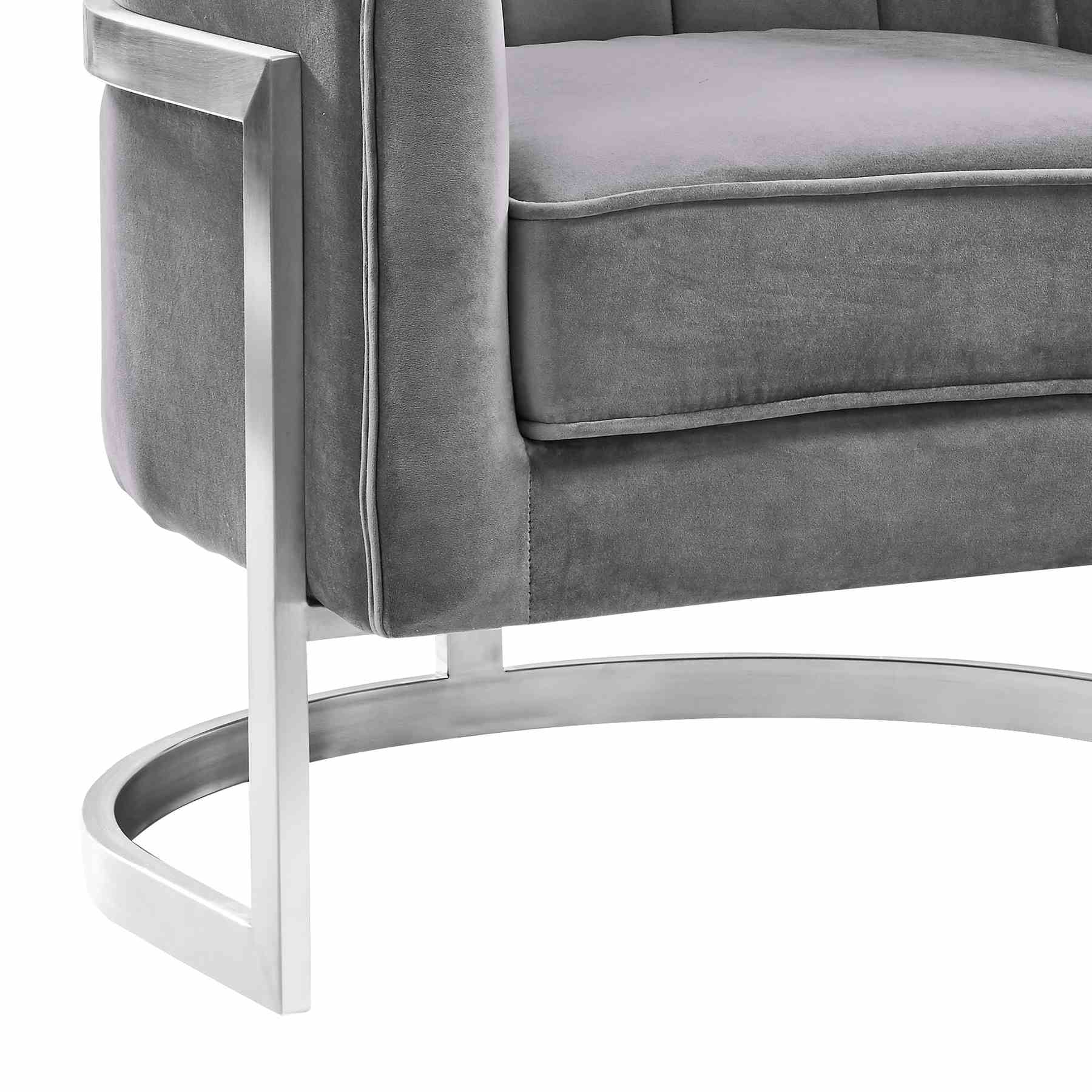 Kamila Contemporary Accent Chair in Gray Velvet and Brushed Stainless Steel Finish - Image 3
