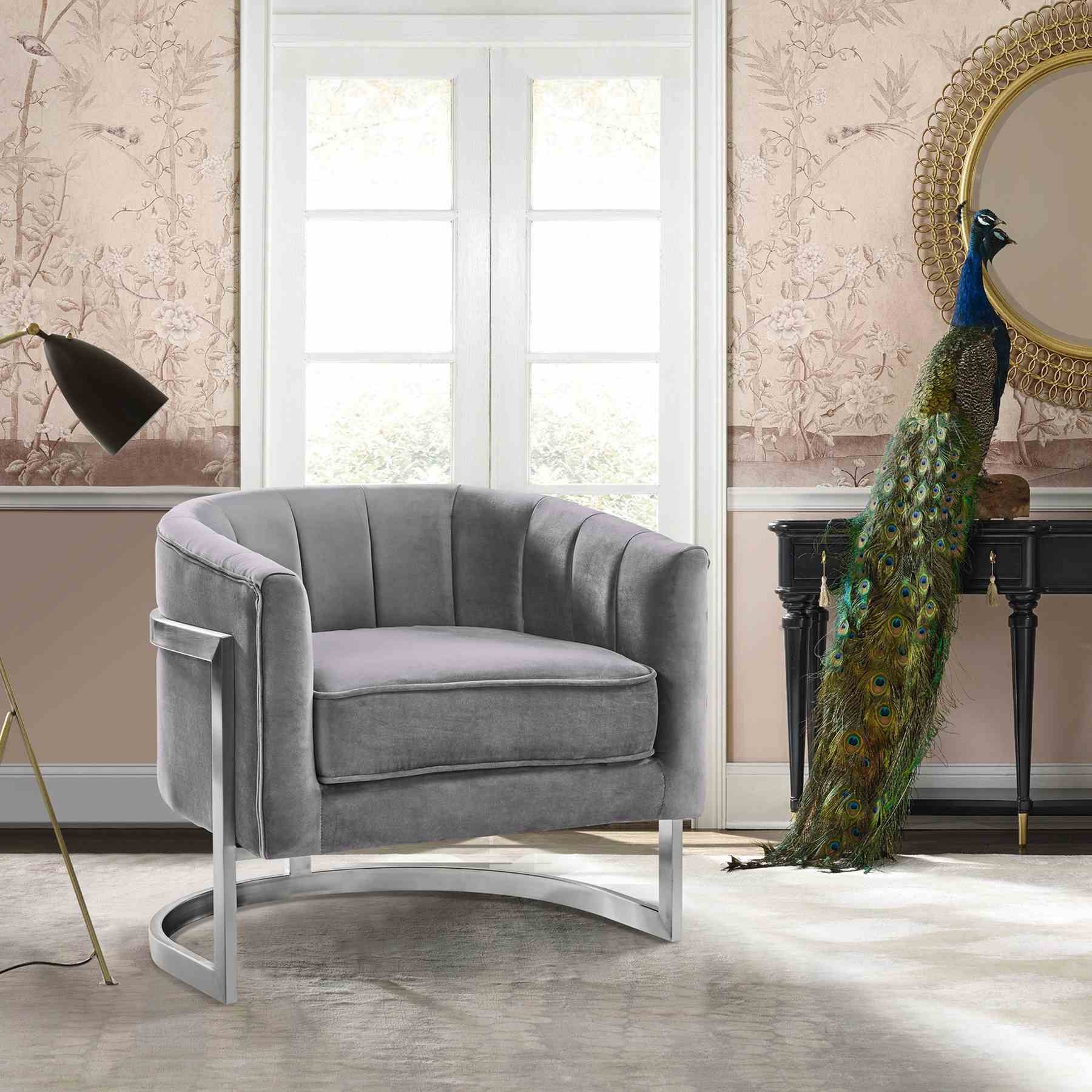 Kamila Contemporary Accent Chair in Gray Velvet and Brushed Stainless Steel Finish - Image 4