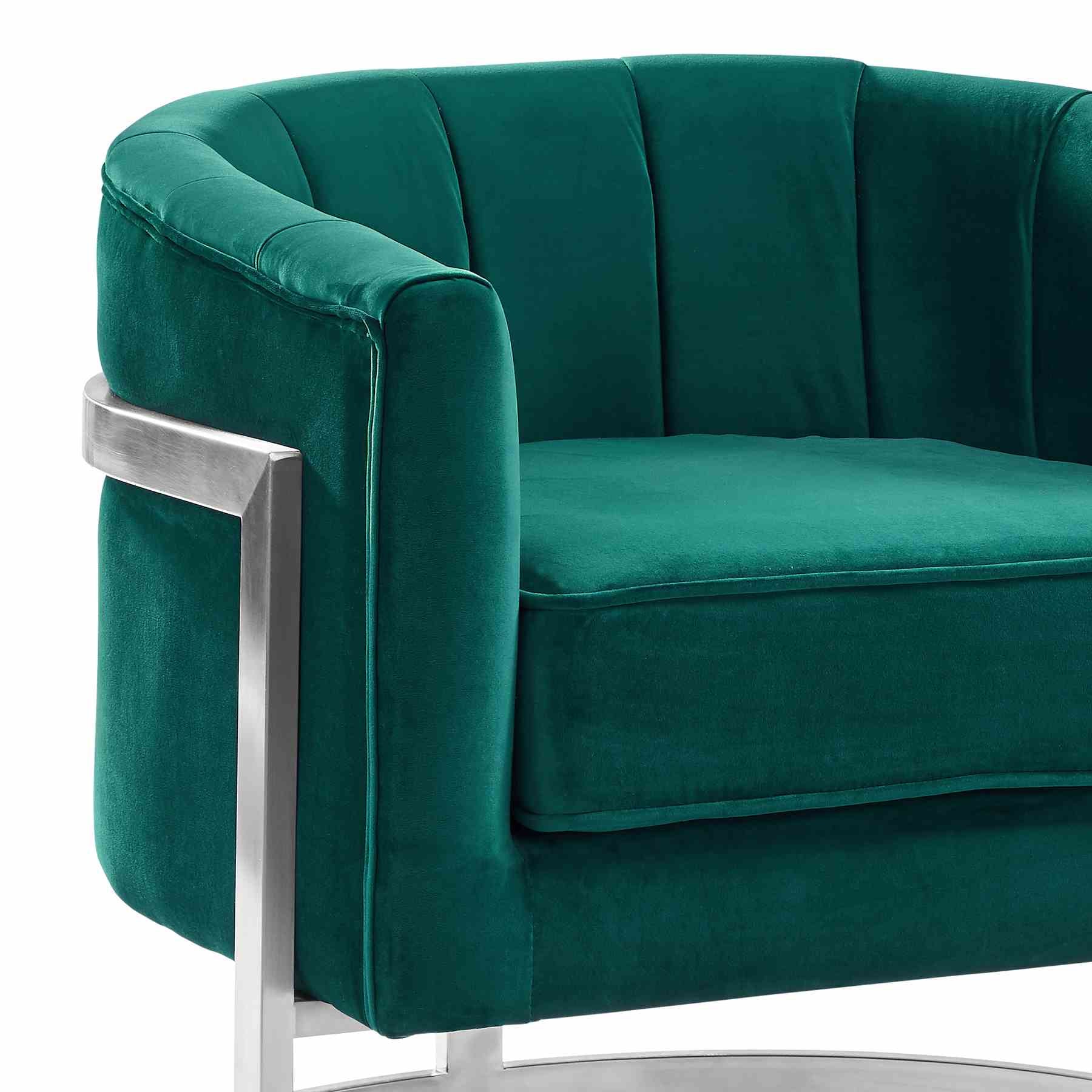 Kamila Contemporary Accent Chair in Green Velvet and Brushed Stainless Steel Finish - Image 2