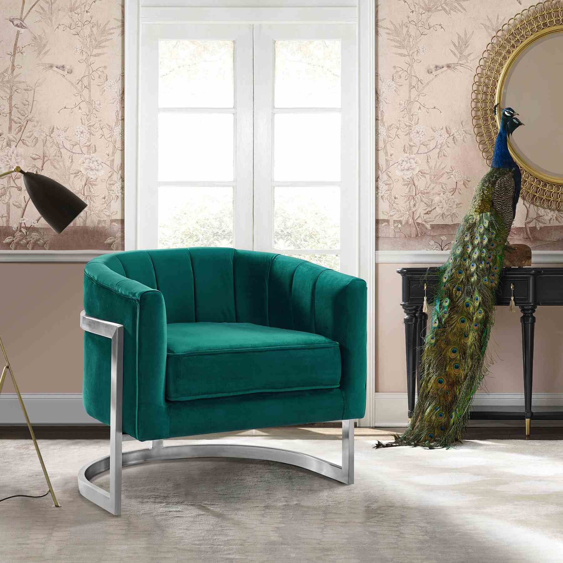 Kamila Contemporary Accent Chair in Green Velvet and Brushed Stainless Steel Finish - Image 4