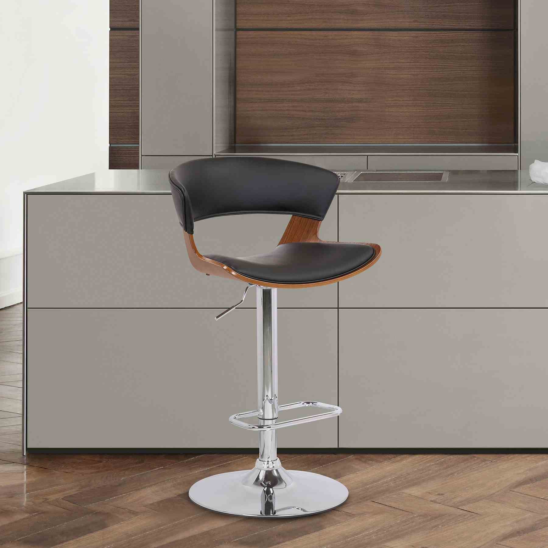 Karine Adjustable Swivel Black Faux Leather and Walnut Wood Bar Stool with Chrome Base - Image 10