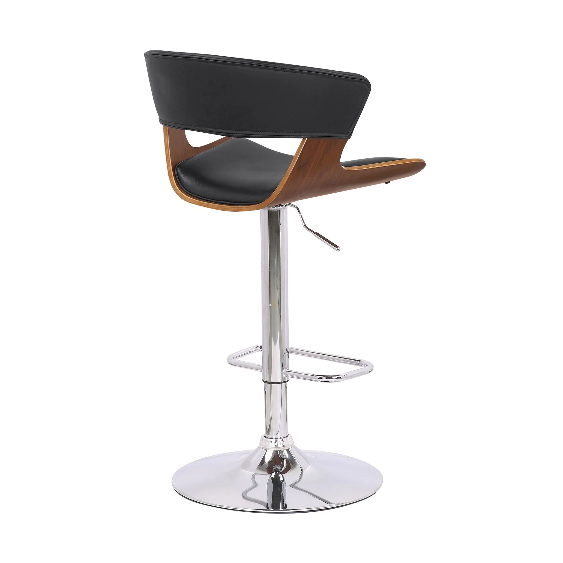 Karine Adjustable Swivel Black Faux Leather and Walnut Wood Bar Stool with Chrome Base - Image 4